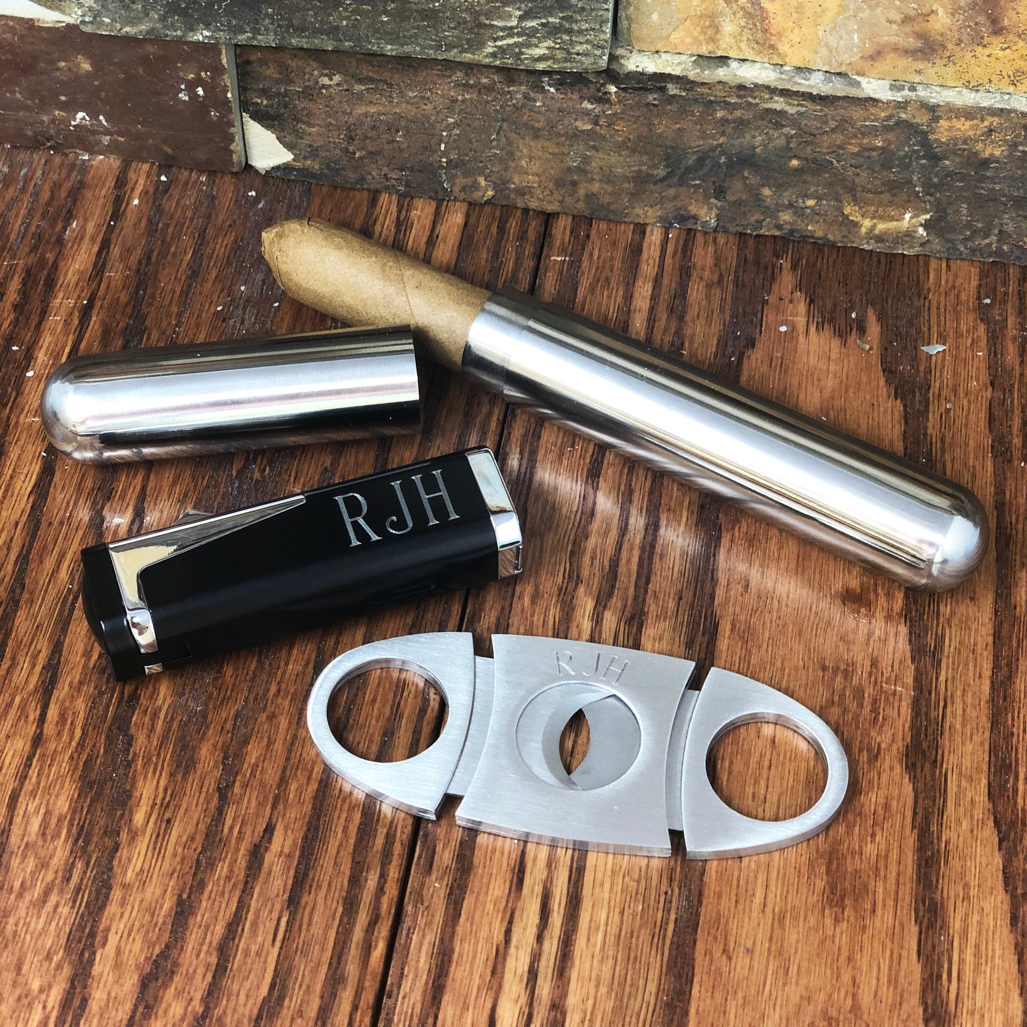 Cigar Torch Lighter w Cigar Cutter & Cigar Tube Set