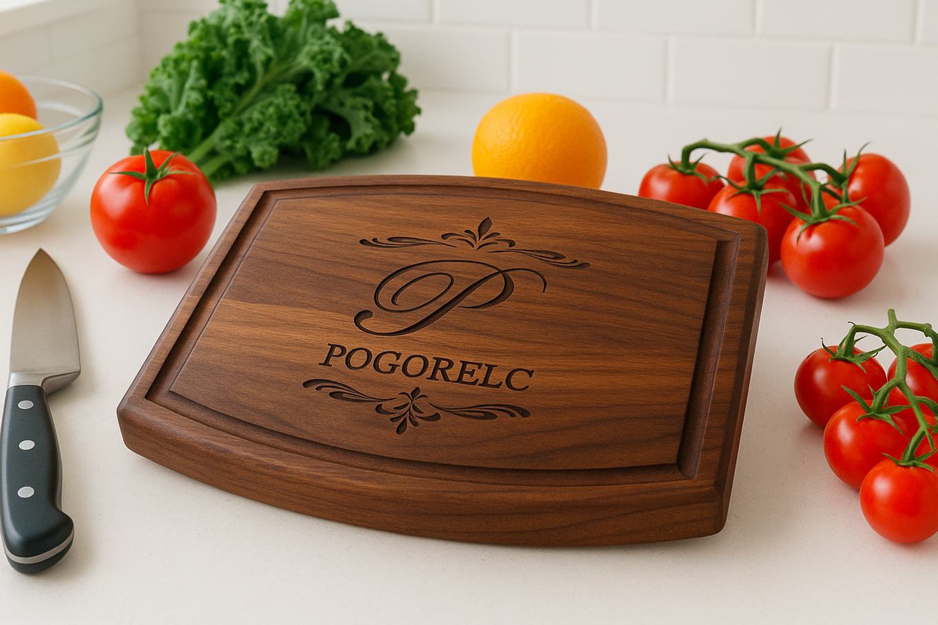 Wooden cutting board with name engraving on a kitchen counter with vegetables and a knife.