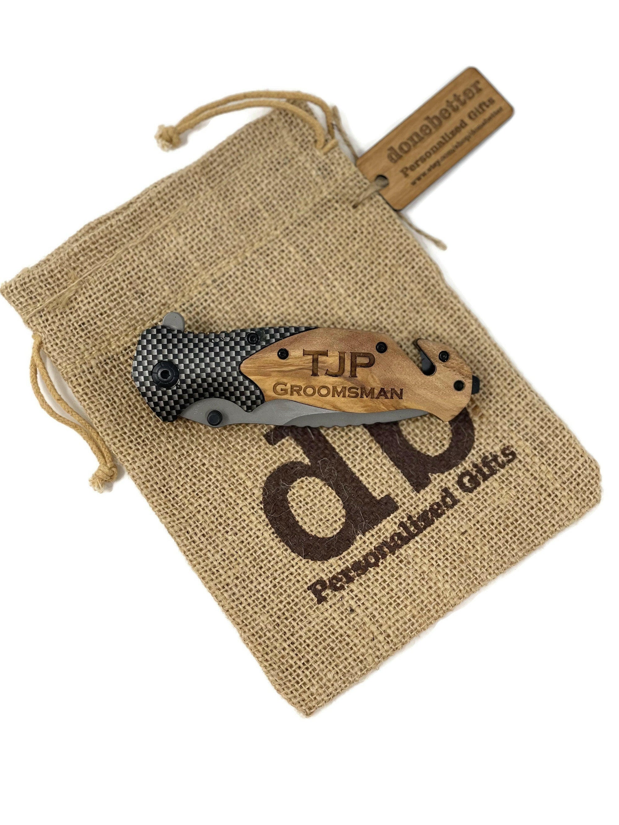 Personalized Survival Pocket Knife w Wood Handle.