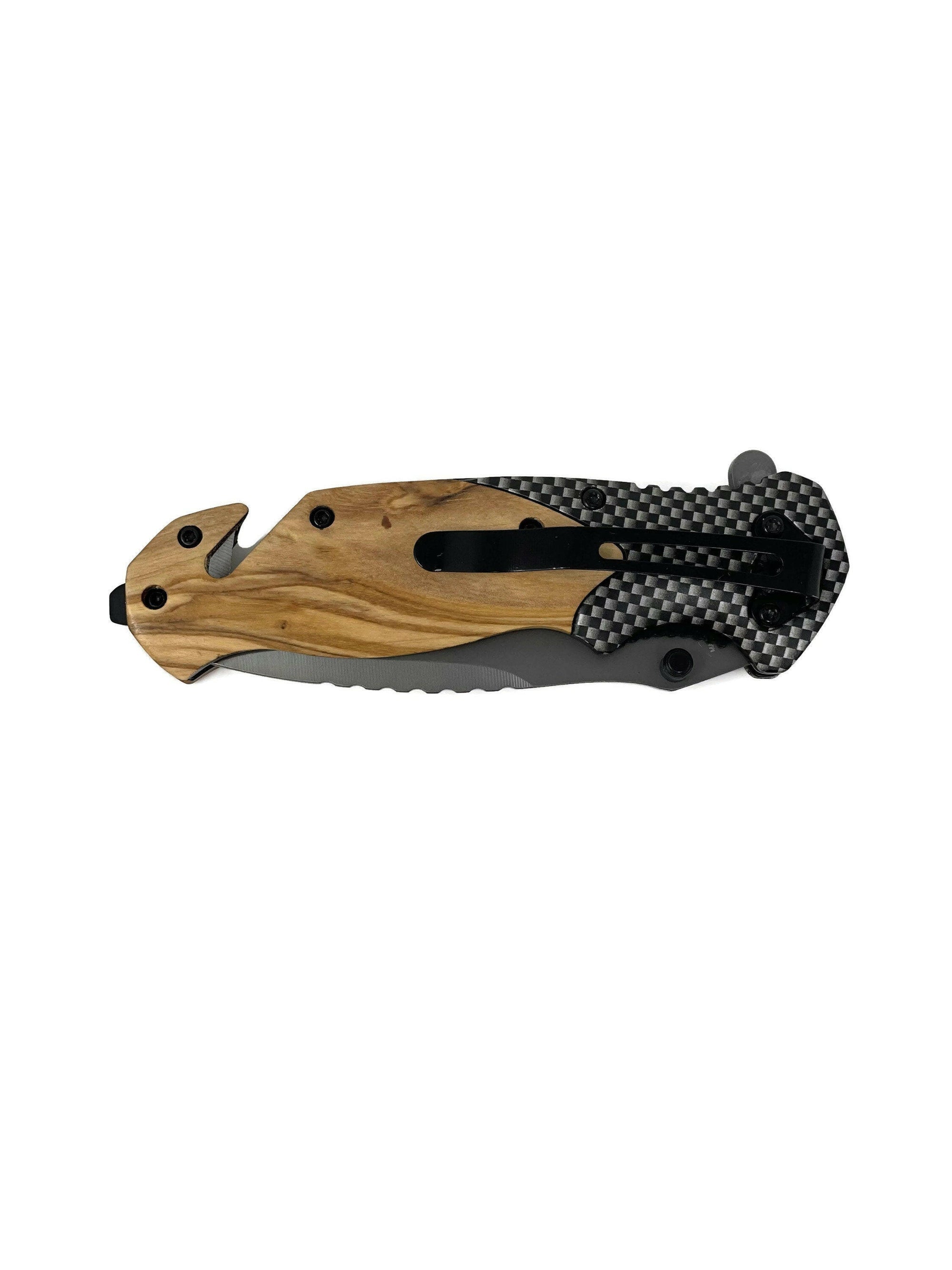 Personalized Survival Pocket Knife w Wood Handle.