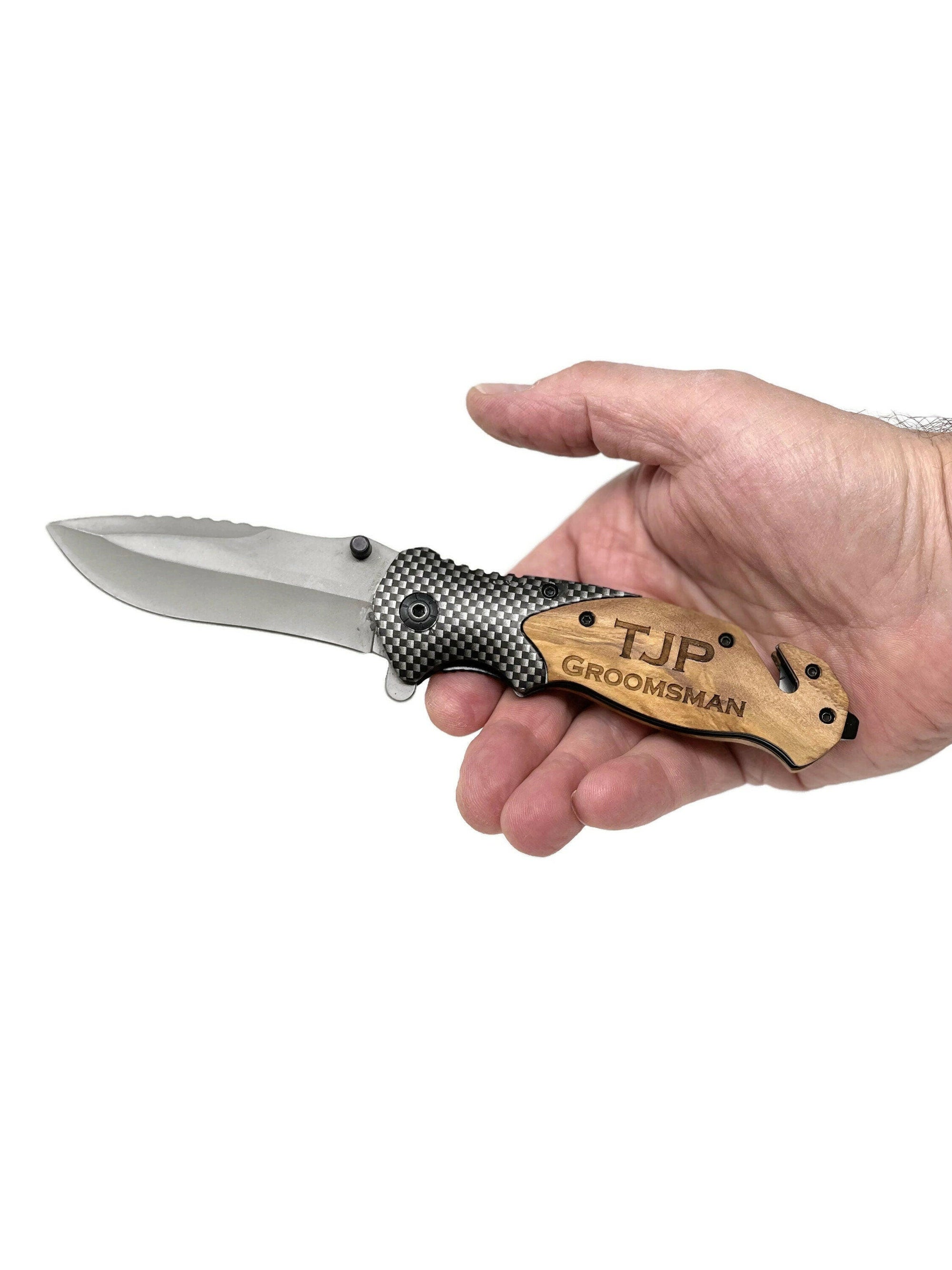 Personalized Survival Pocket Knife w Wood Handle.