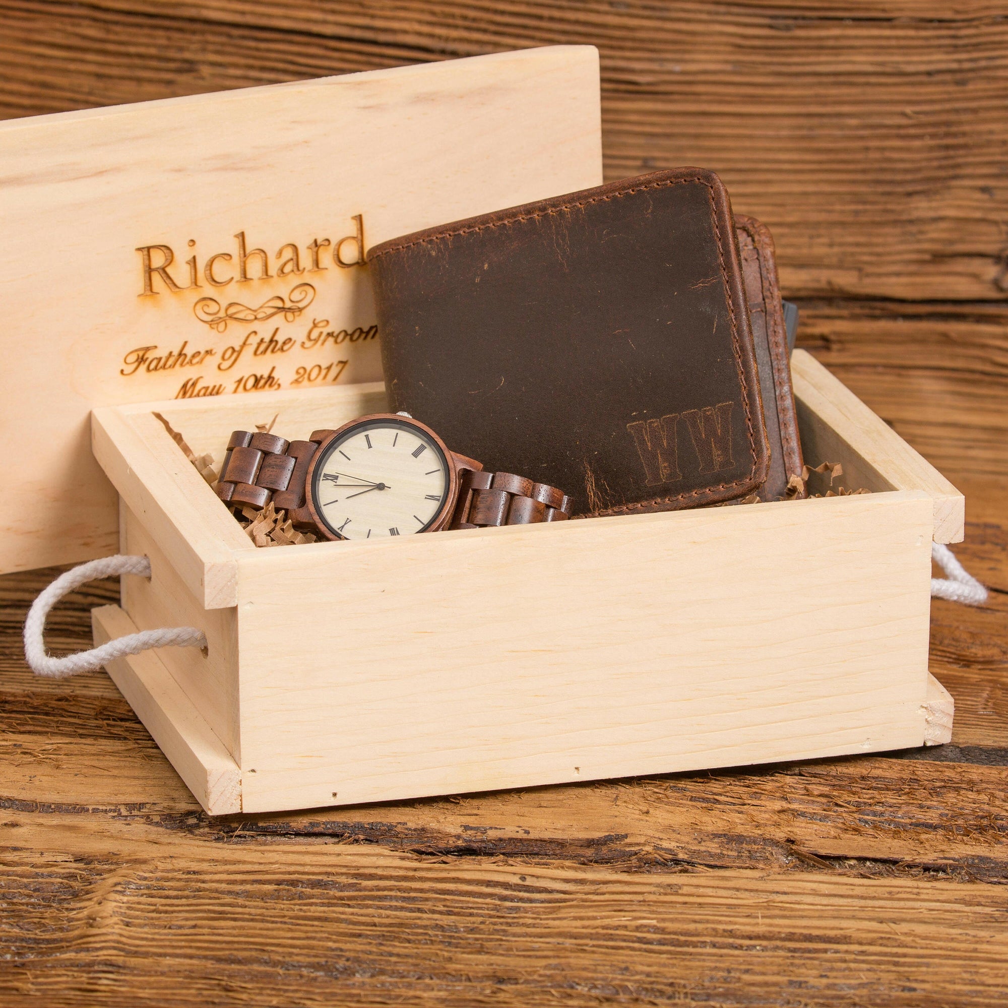 Monogram Wallet & Personalized Wood Watch Gift Set.