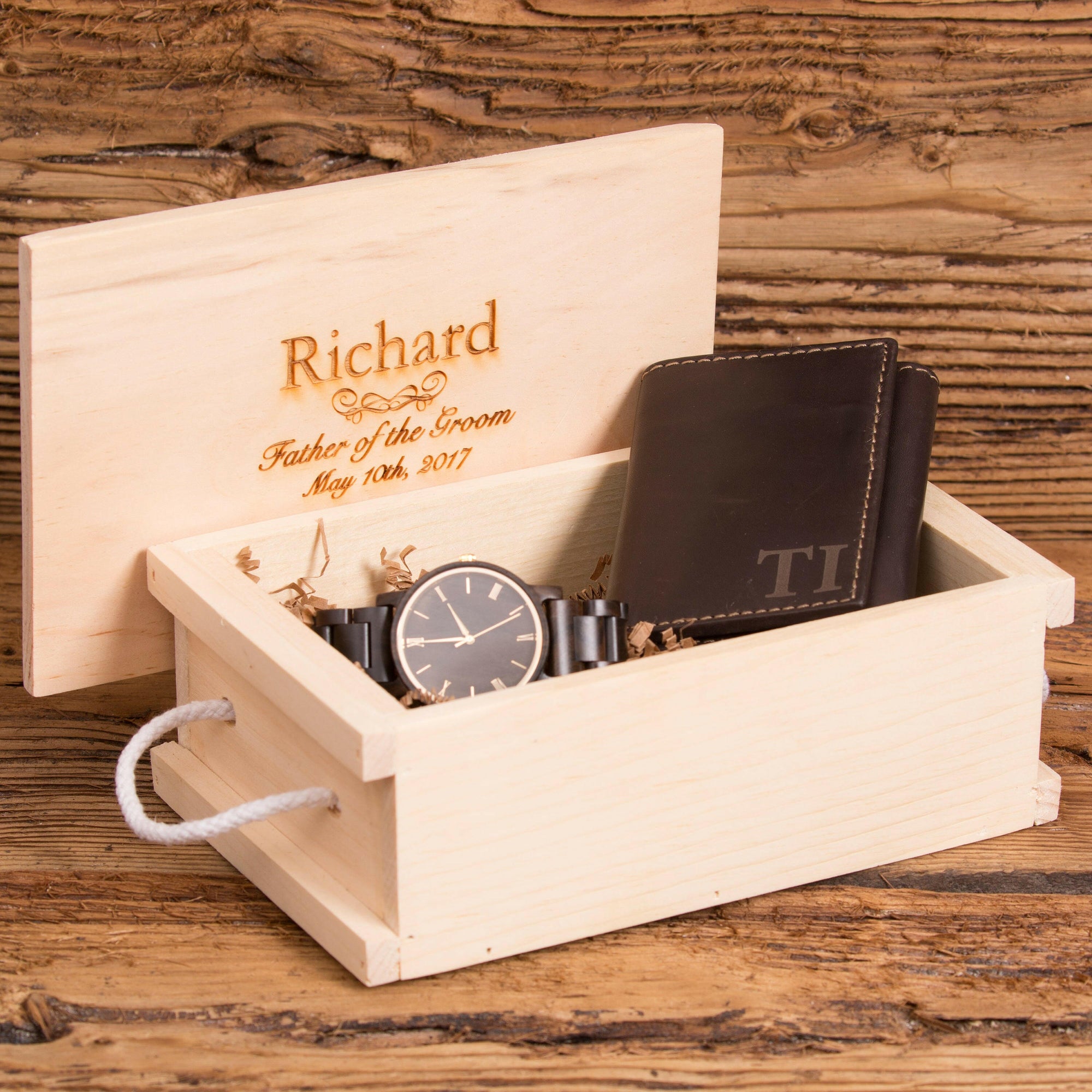 Personalized leather Wallet & Wood Watch Gift Set.