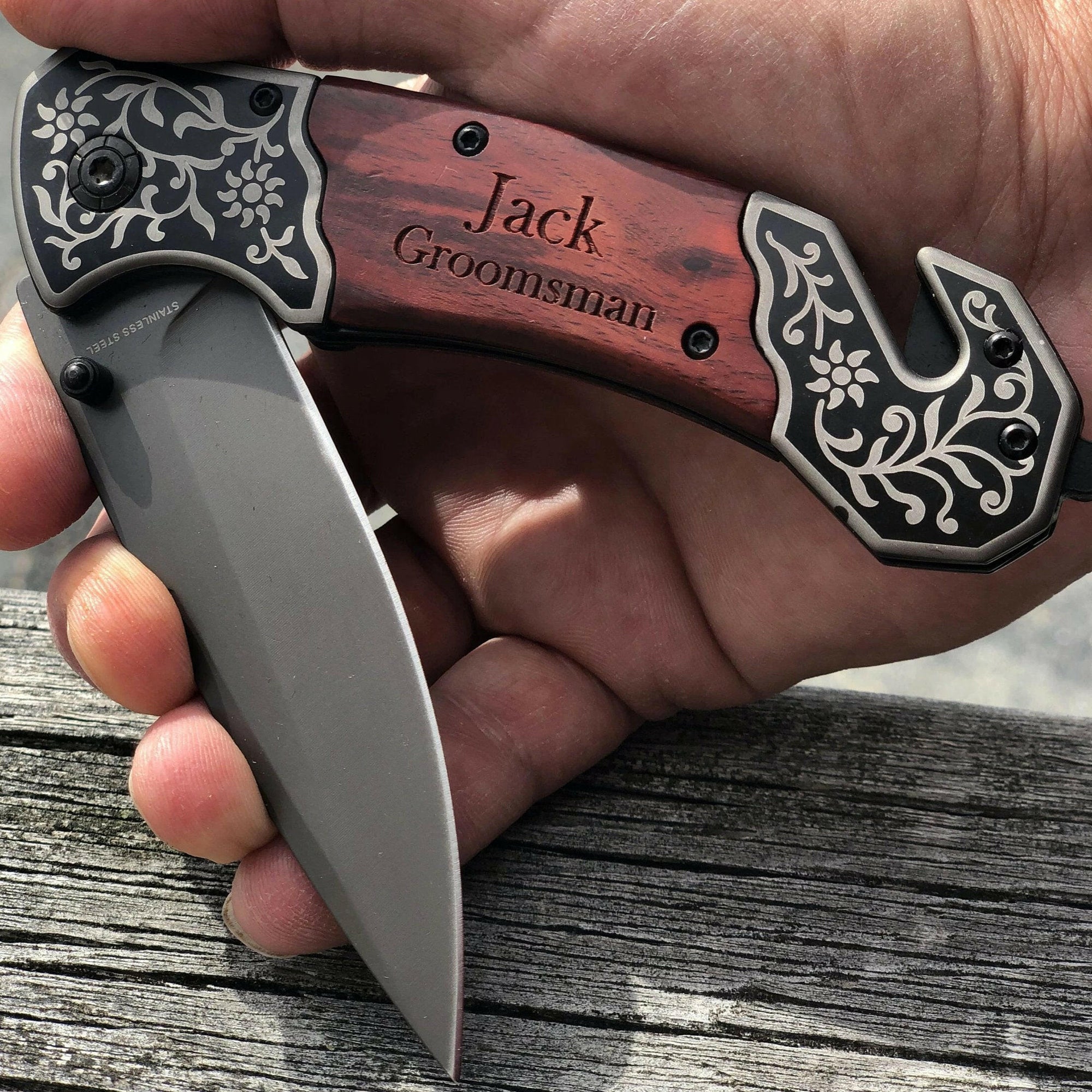 Handsome Scroll work Personalized Pocket Knife with Wood Handle.