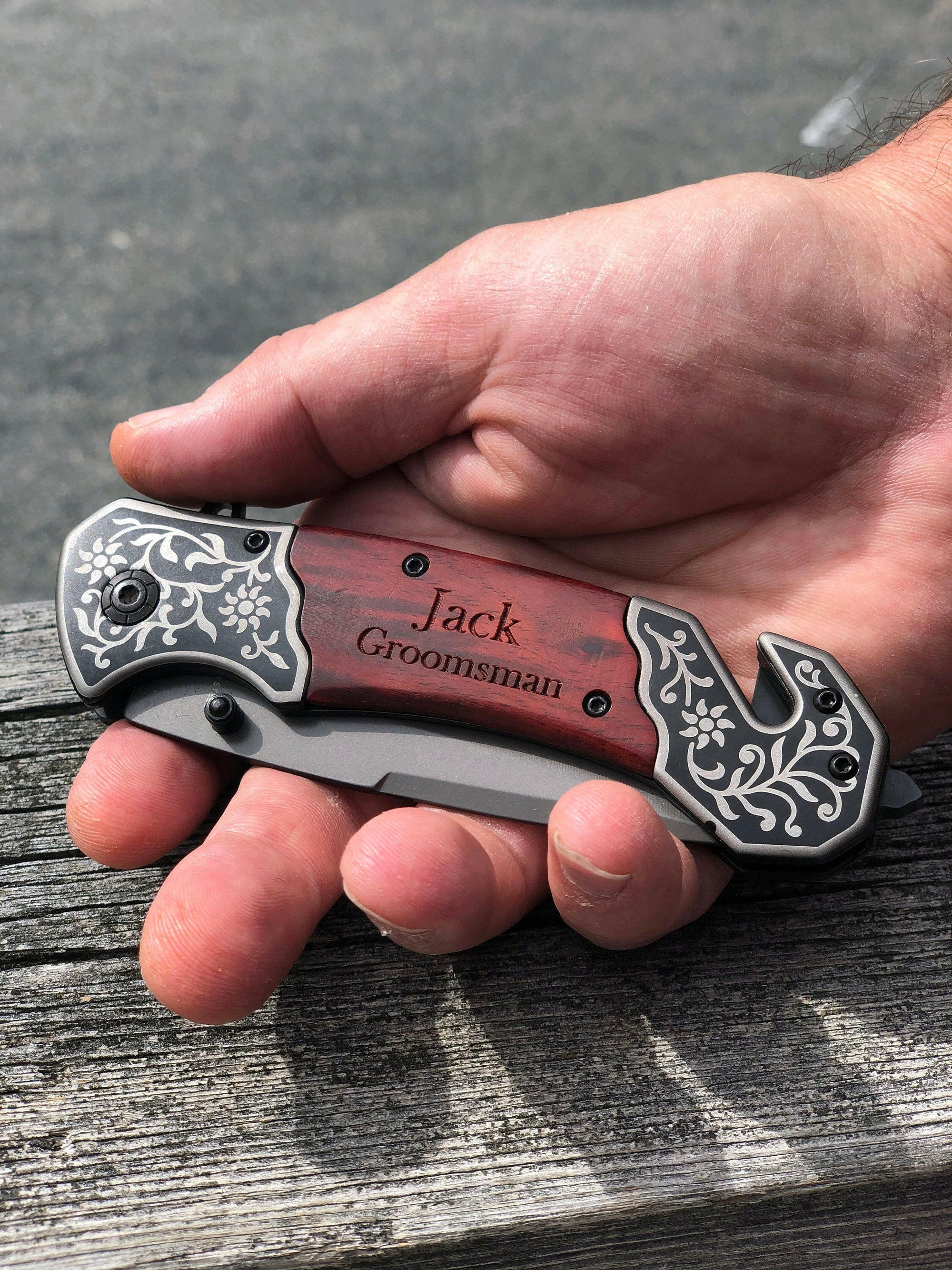 Handsome Scroll work Personalized Pocket Knife with Wood Handle.