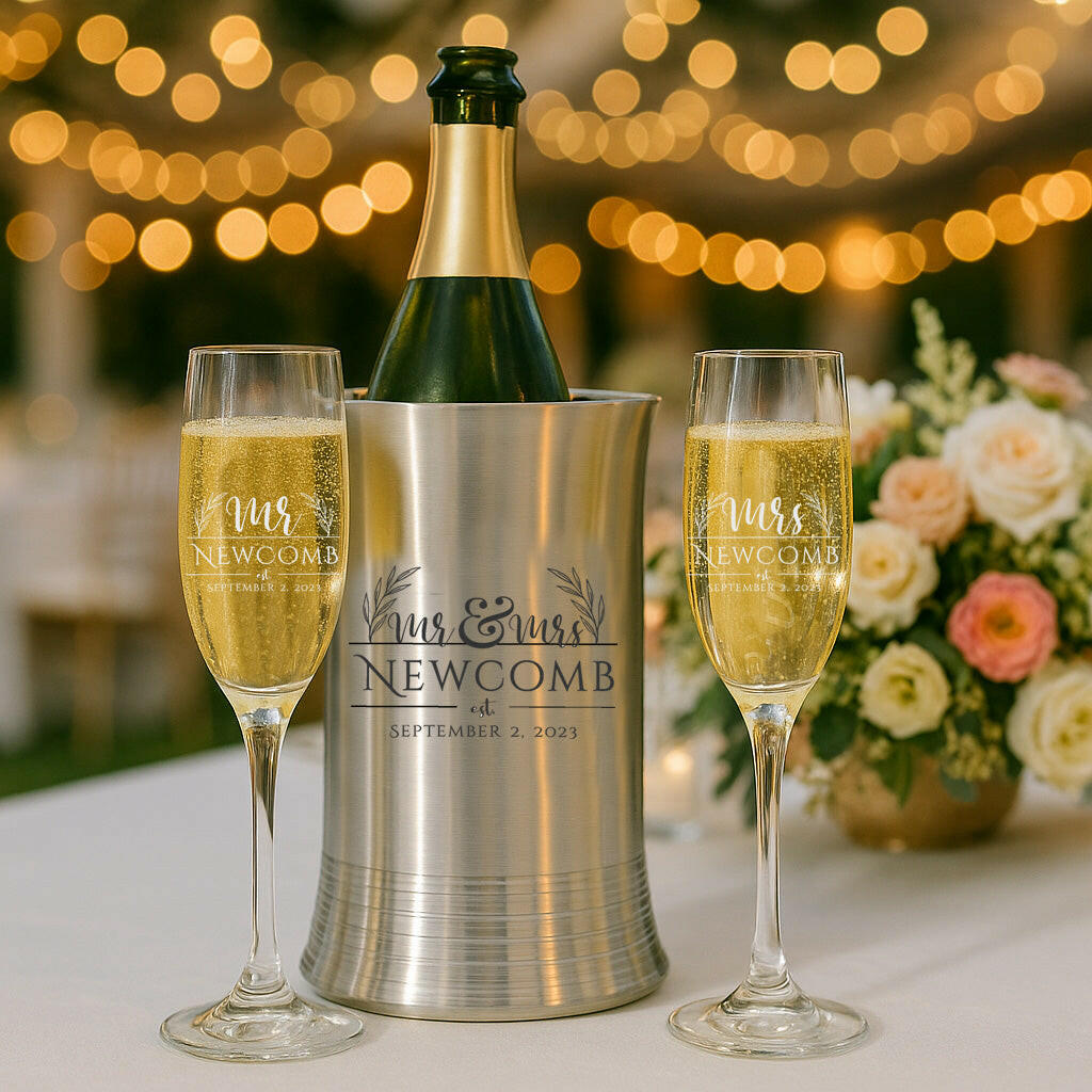 Personalized Stainless Steel Wine Chiller & Matching Champagne Flutes.