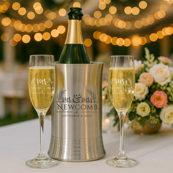Personalized Stainless Steel Wine Chiller & Matching Champagne Flutes