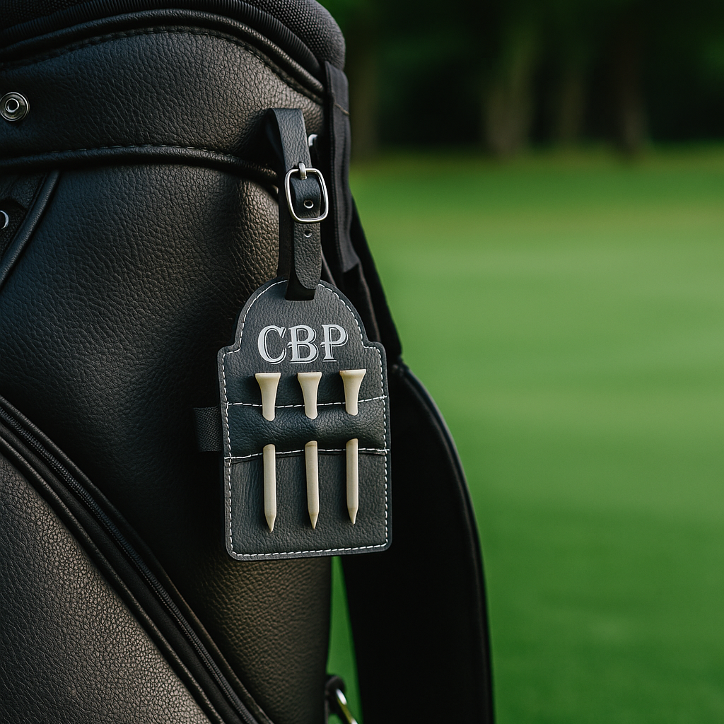 Golf bag with a tag engraved 'CBP' and golf tees on a blurred green golf course background