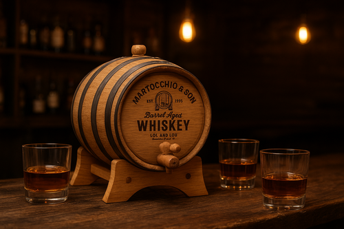 Wooden whiskey barrel with glasses of whiskey on a wooden surface.