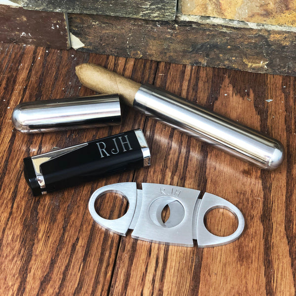Cigar Torch Lighter w Cigar Cutter & Cigar Tube Set