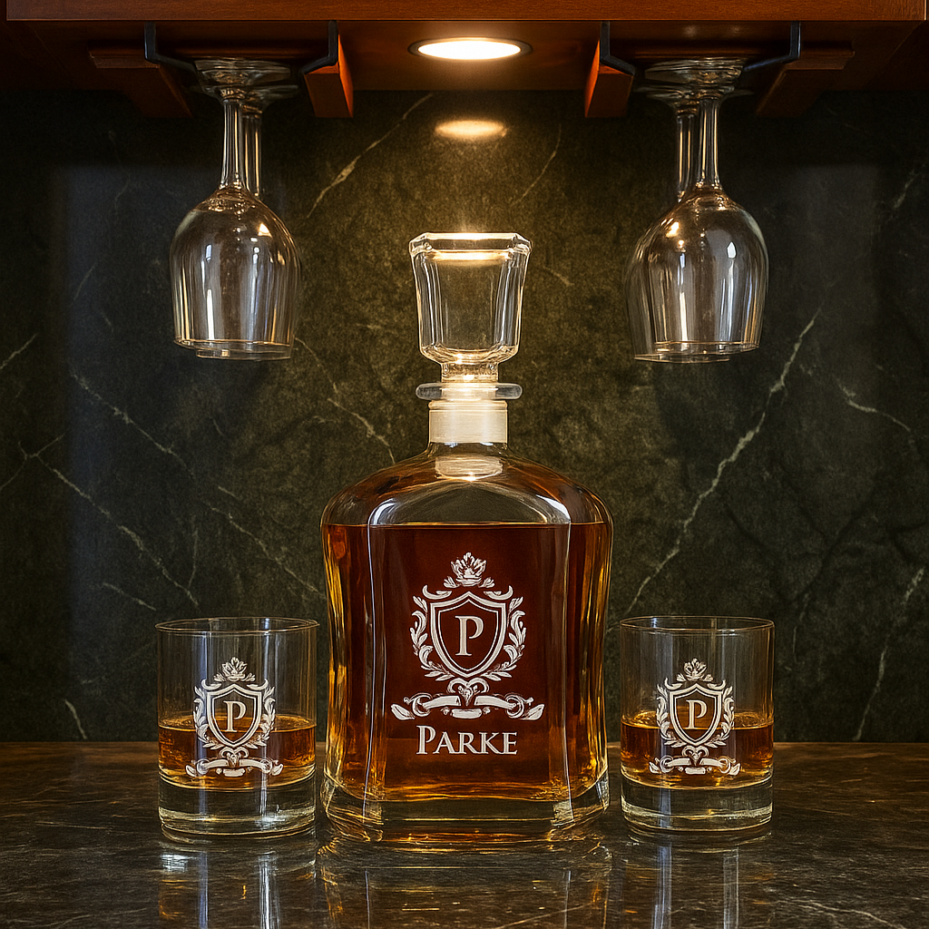 whiskey bottle with glasses on a dark countertop