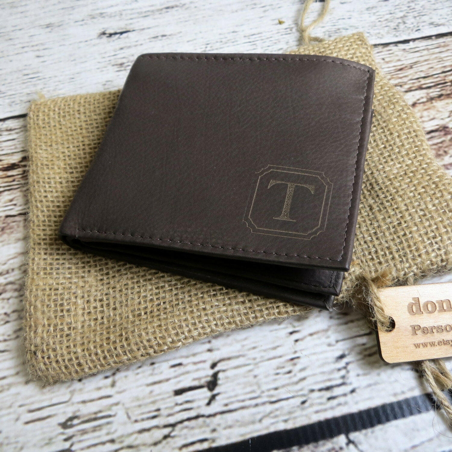 Personalized Brown Bi fold Leather Wallet.