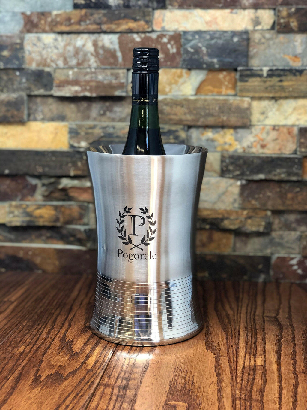 Personalized Stainless Steel Wine Chiller & Matching Champagne Flutes.