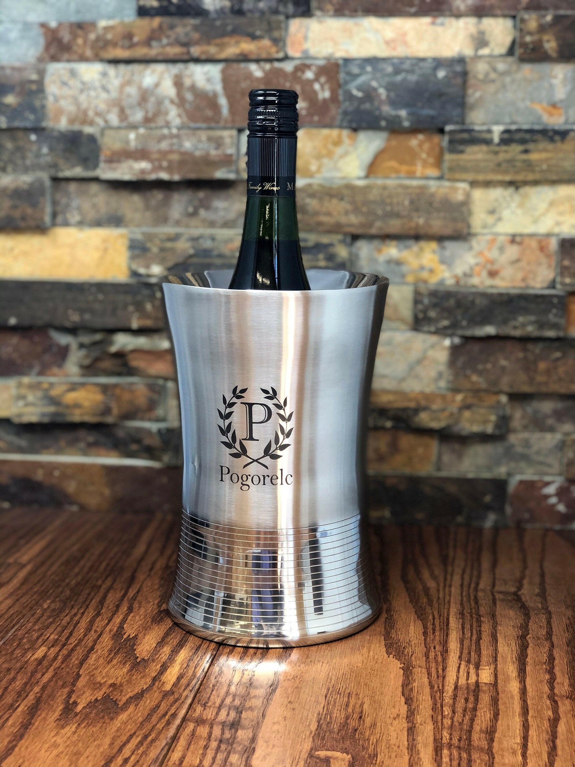 Personalized Stainless Steel Wine Chiller & Matching Champagne Flutes.