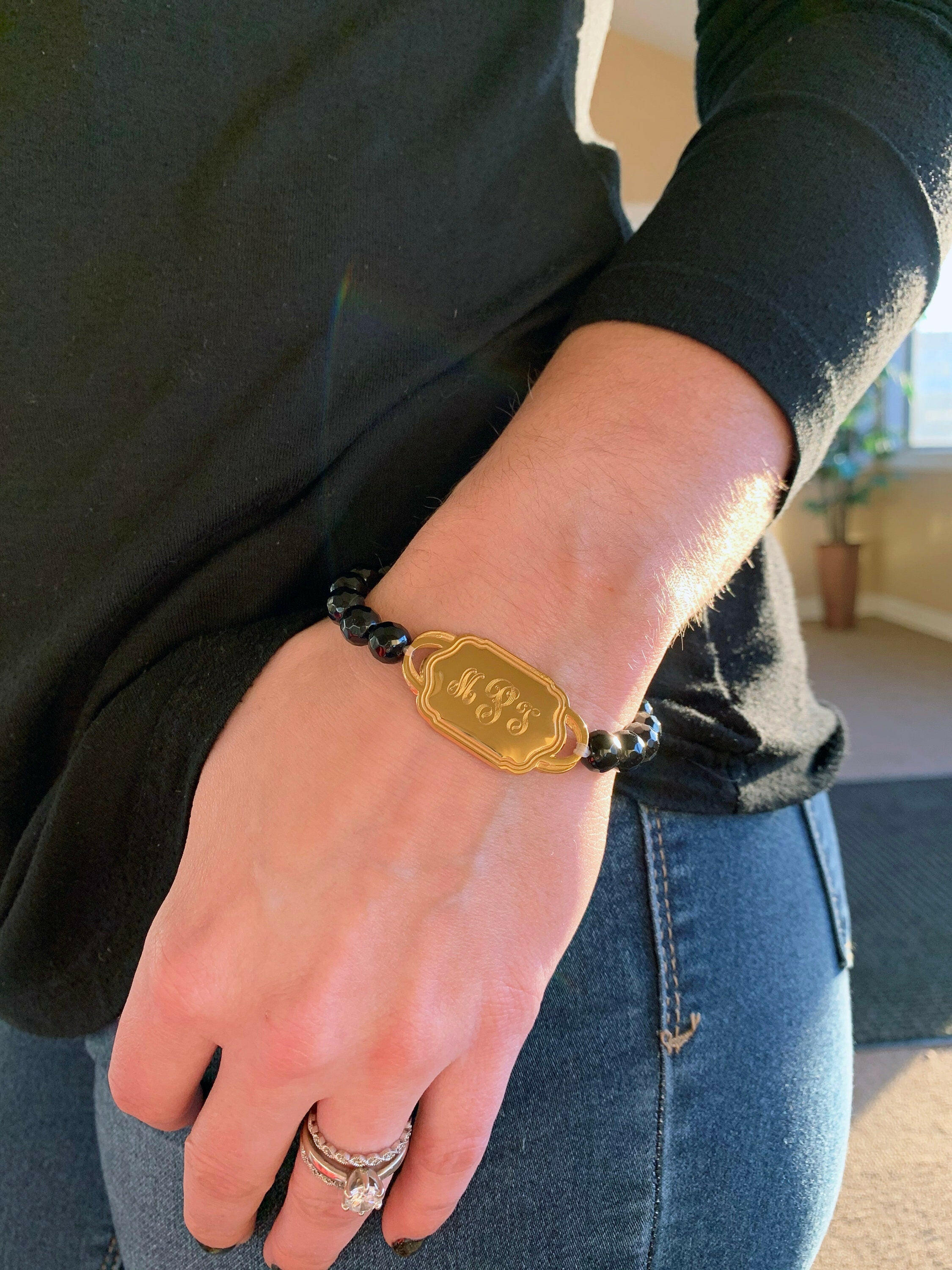 Monogrammed Onyx Bead Bracelet.