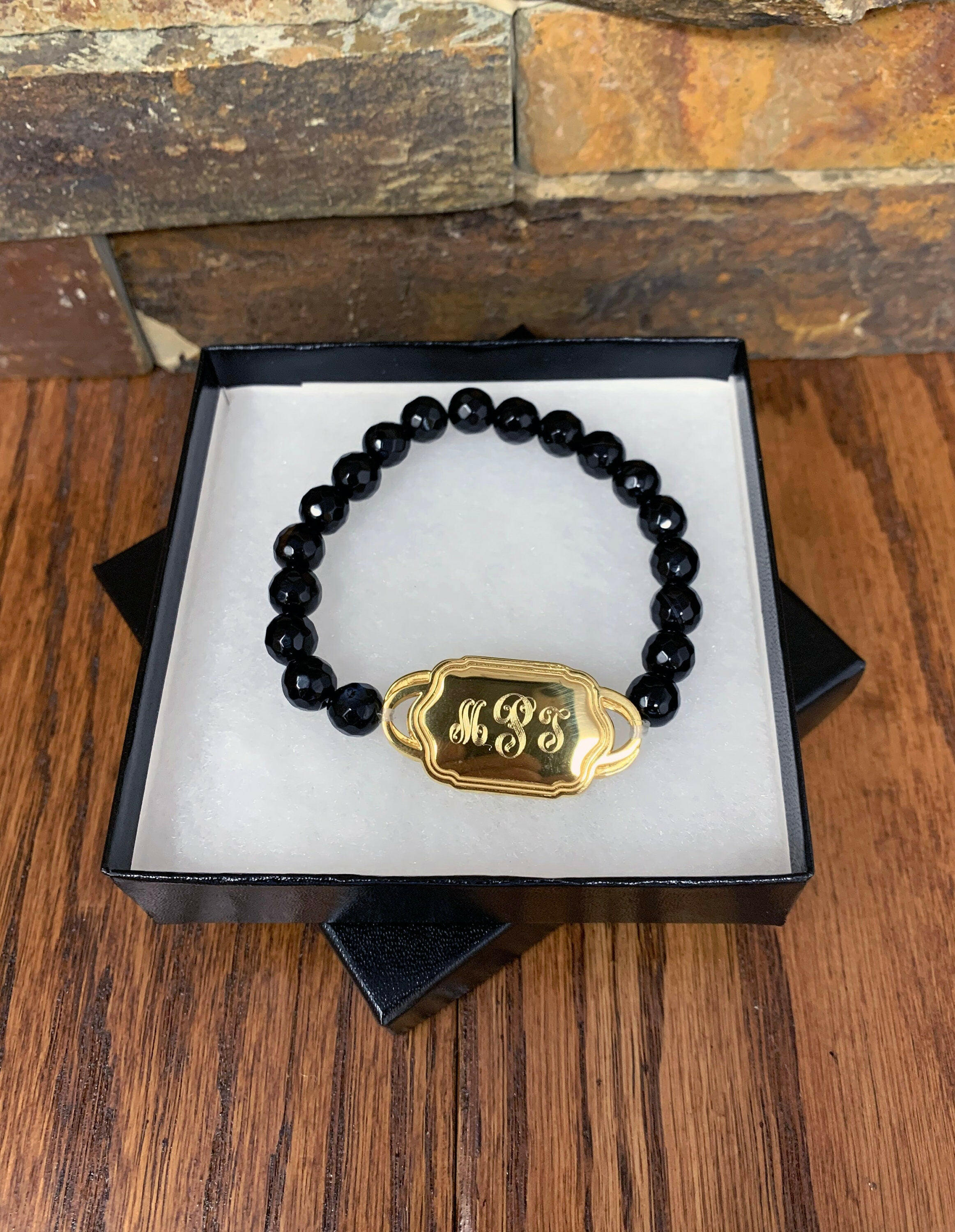 Monogrammed Onyx Bead Bracelet.
