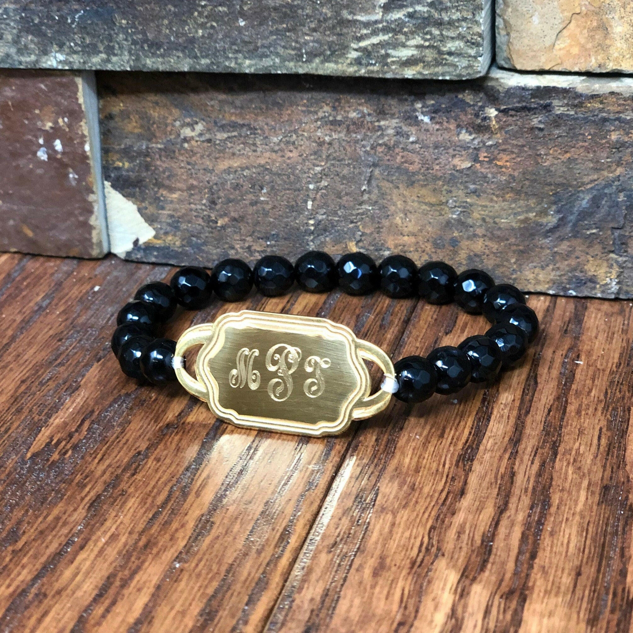 Monogrammed Onyx Bead Bracelet.