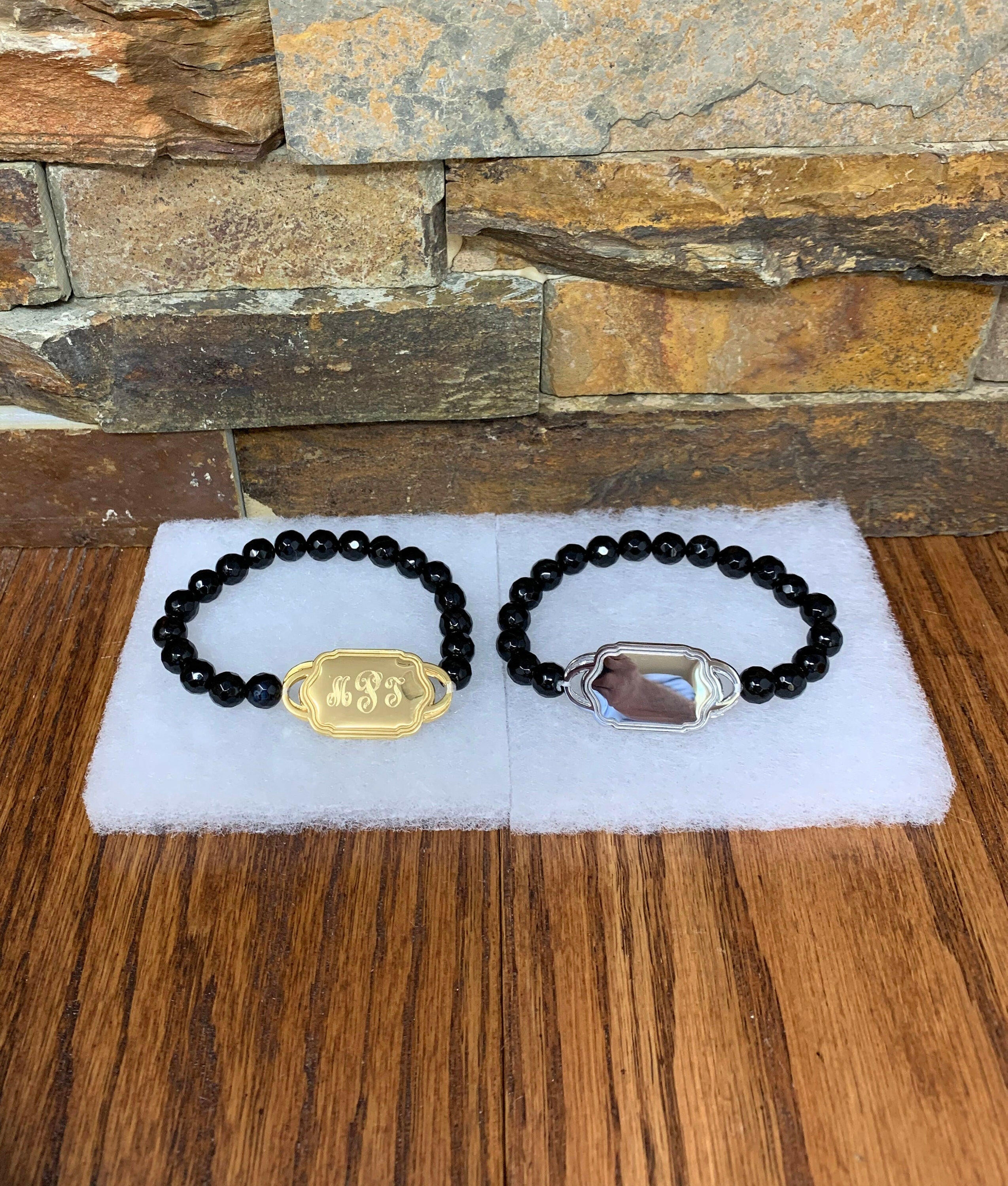 Monogrammed Onyx Bead Bracelet.