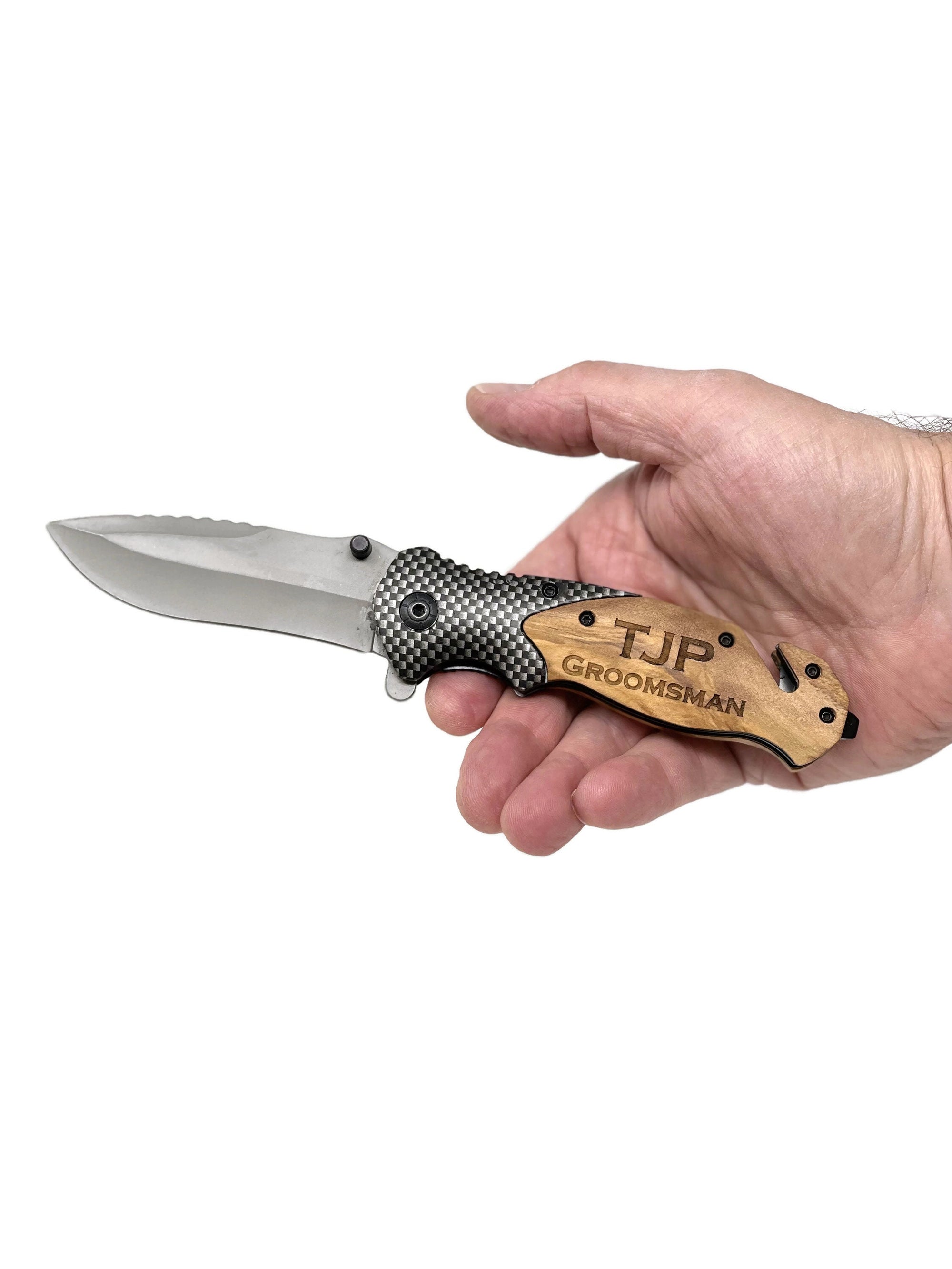 Personalized Survival Pocket Knife w Wood Handle.