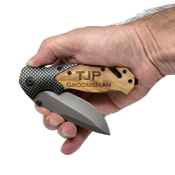 Personalized Survival Pocket Knife w Wood Handle