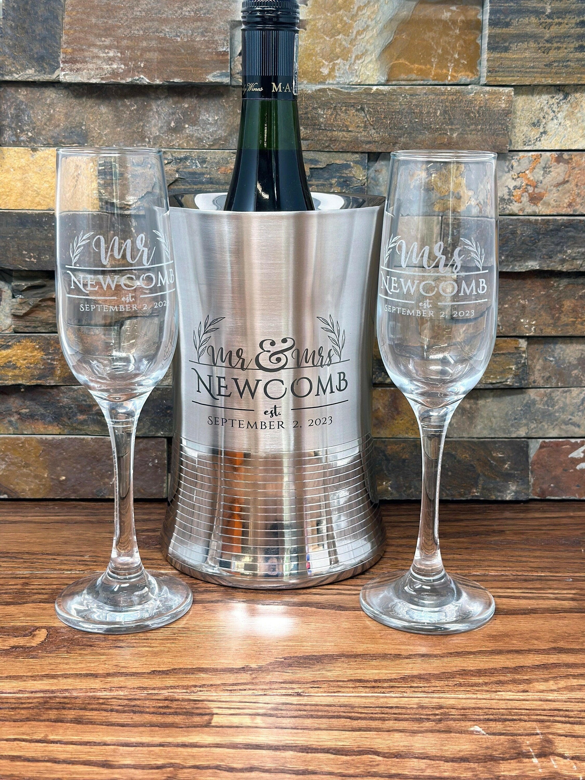 Personalized Stainless Steel Wine Chiller & Matching Champagne Flutes.