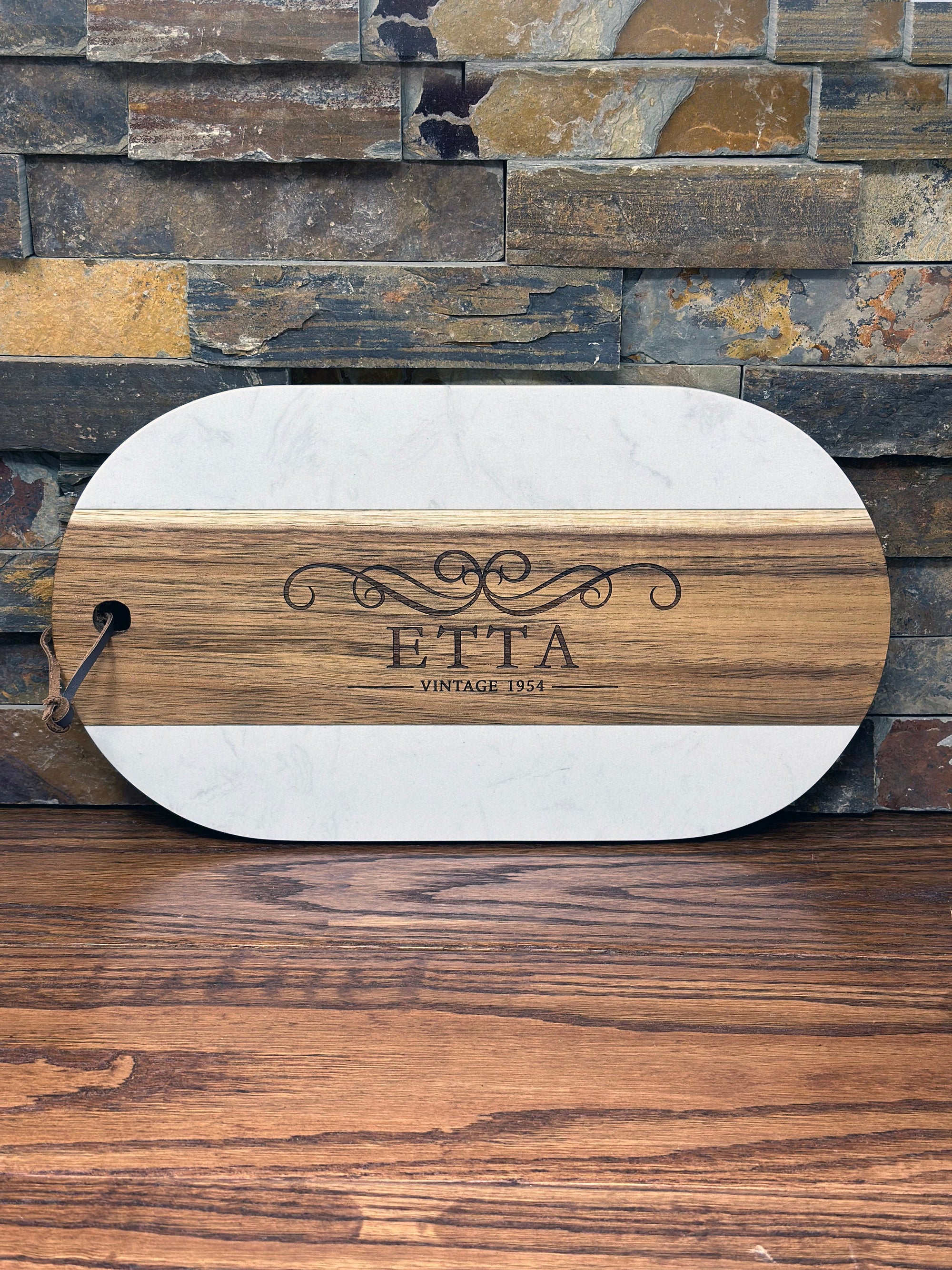 Personalized Charcuterie Board w White Marble & Acacia Wood
