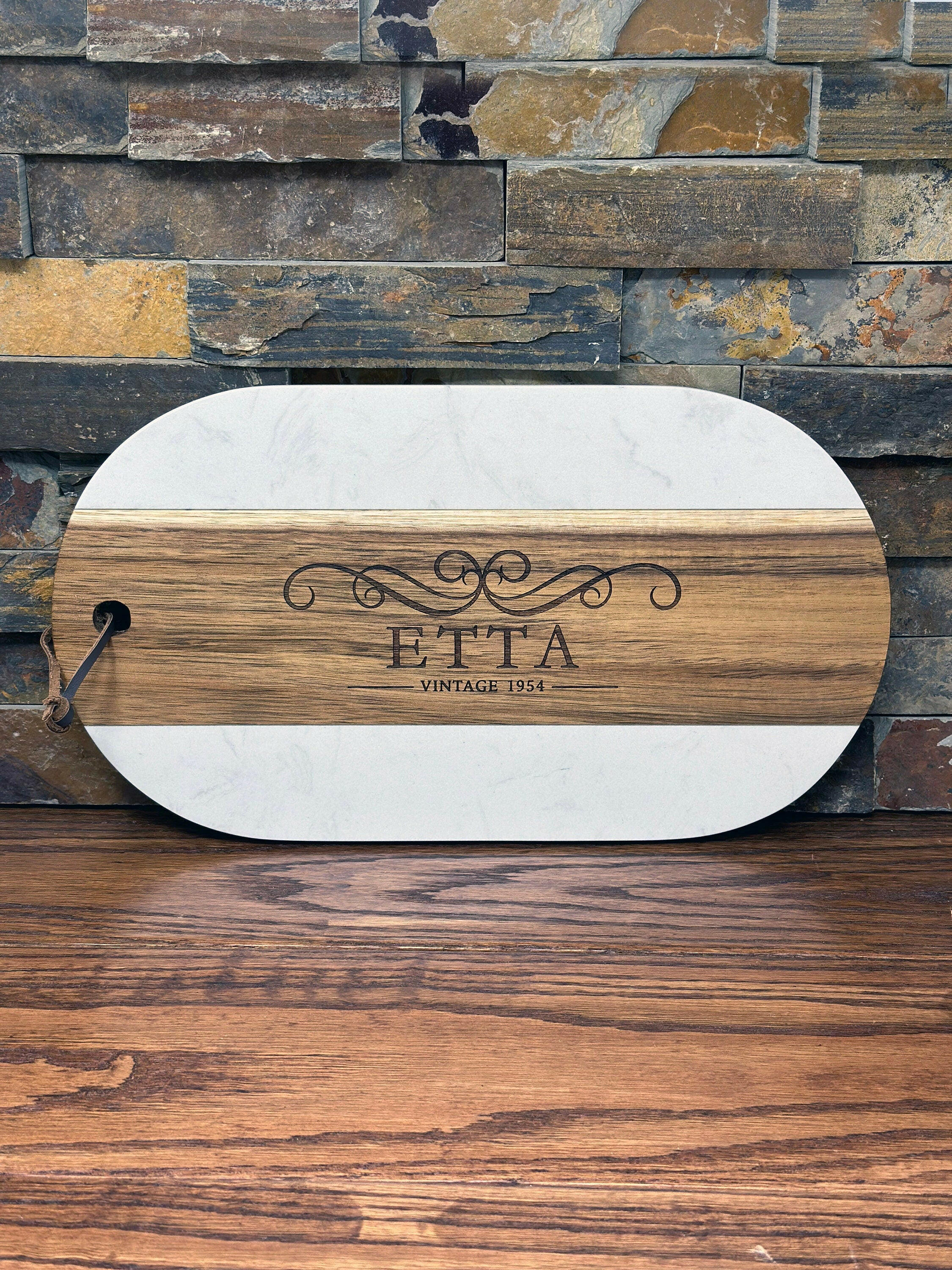 Personalized Charcuterie Board w White Marble & Acacia Wood.