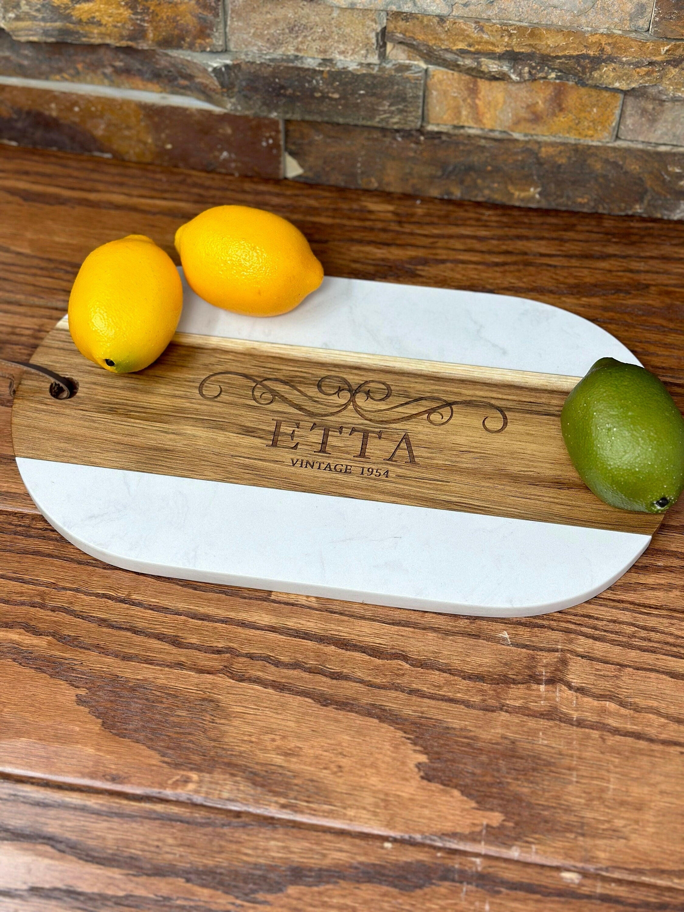 Personalized Charcuterie Board w White Marble & Acacia Wood.