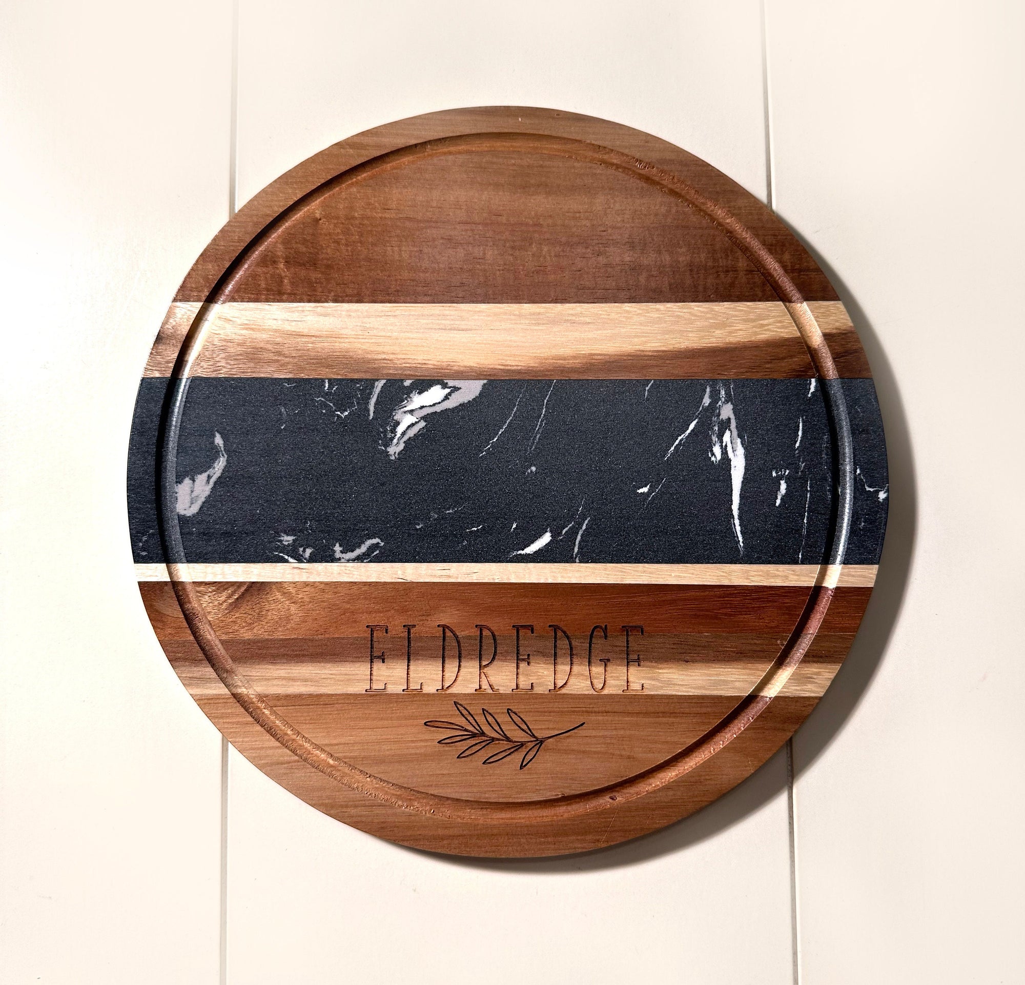 Personalized Black Marble & Acacia Wood Round Board