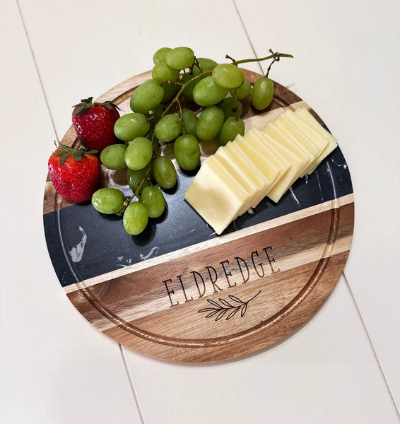 Personalized Black Marble & Acacia Wood Round Board