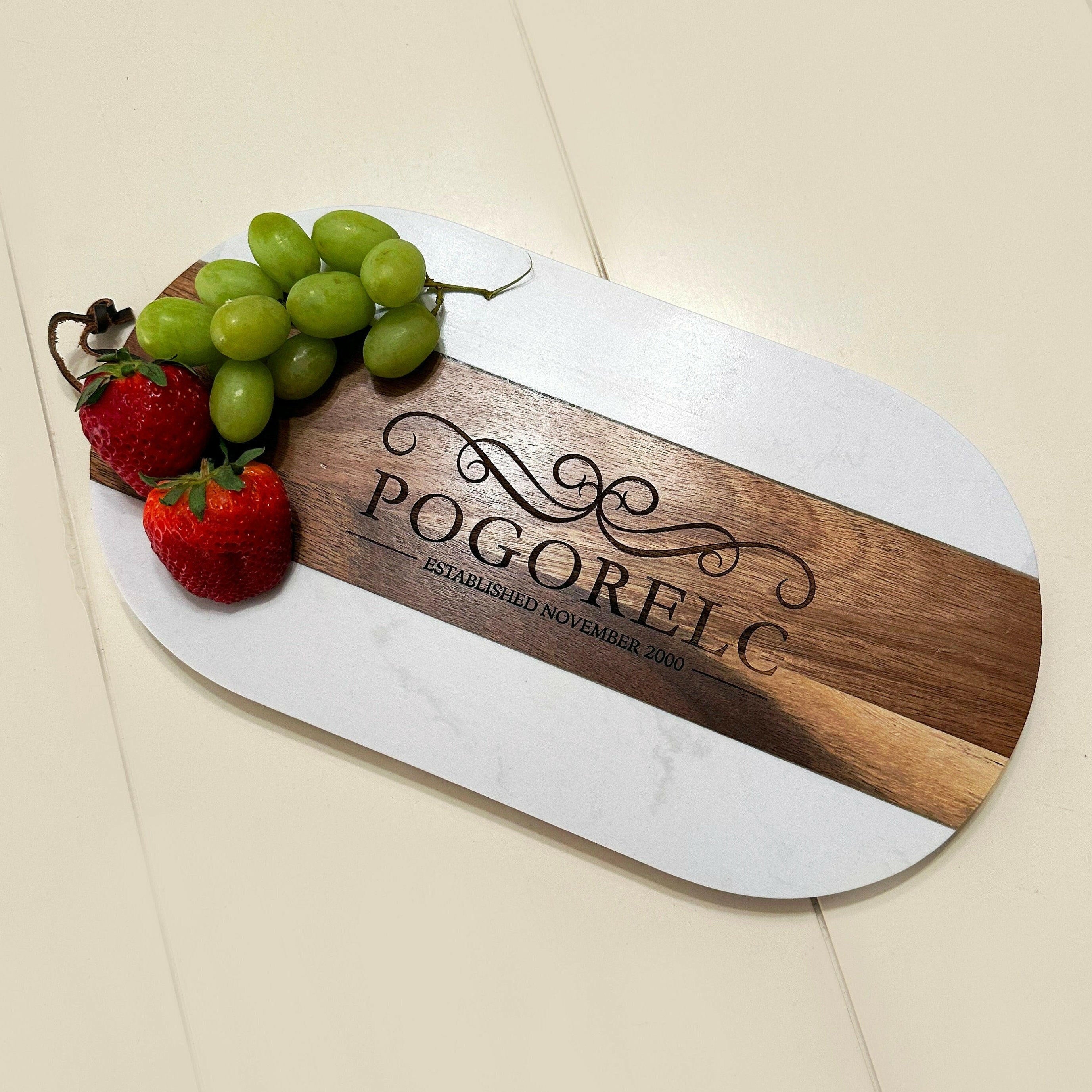 Personalized Charcuterie Board w White Marble & Acacia Wood.