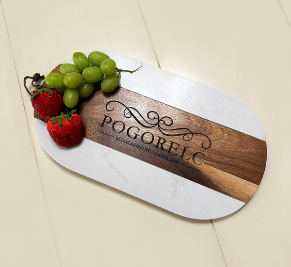 Personalized Charcuterie Board w White Marble & Acacia Wood