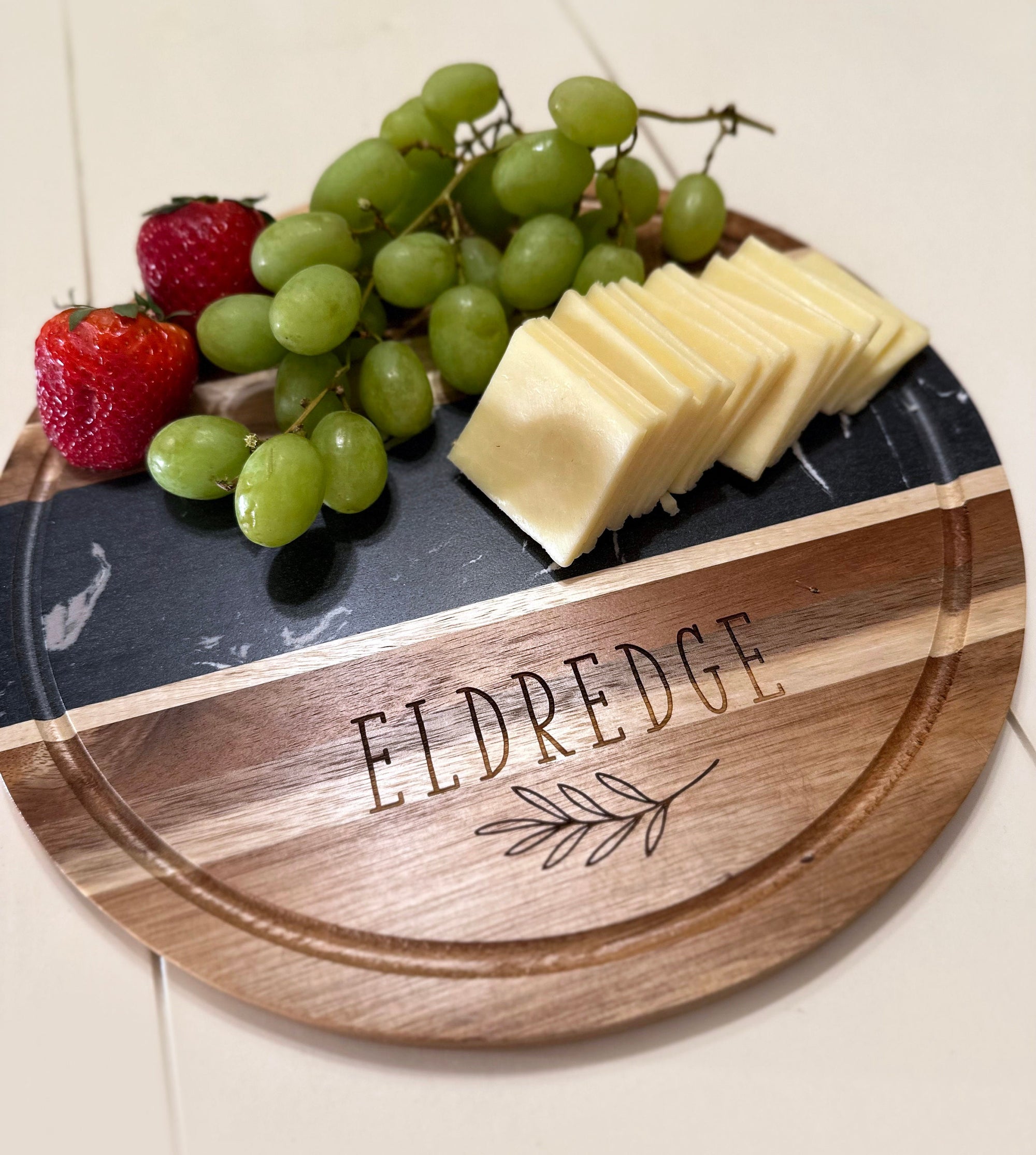 Personalized Black Marble & Acacia Wood Round Board
