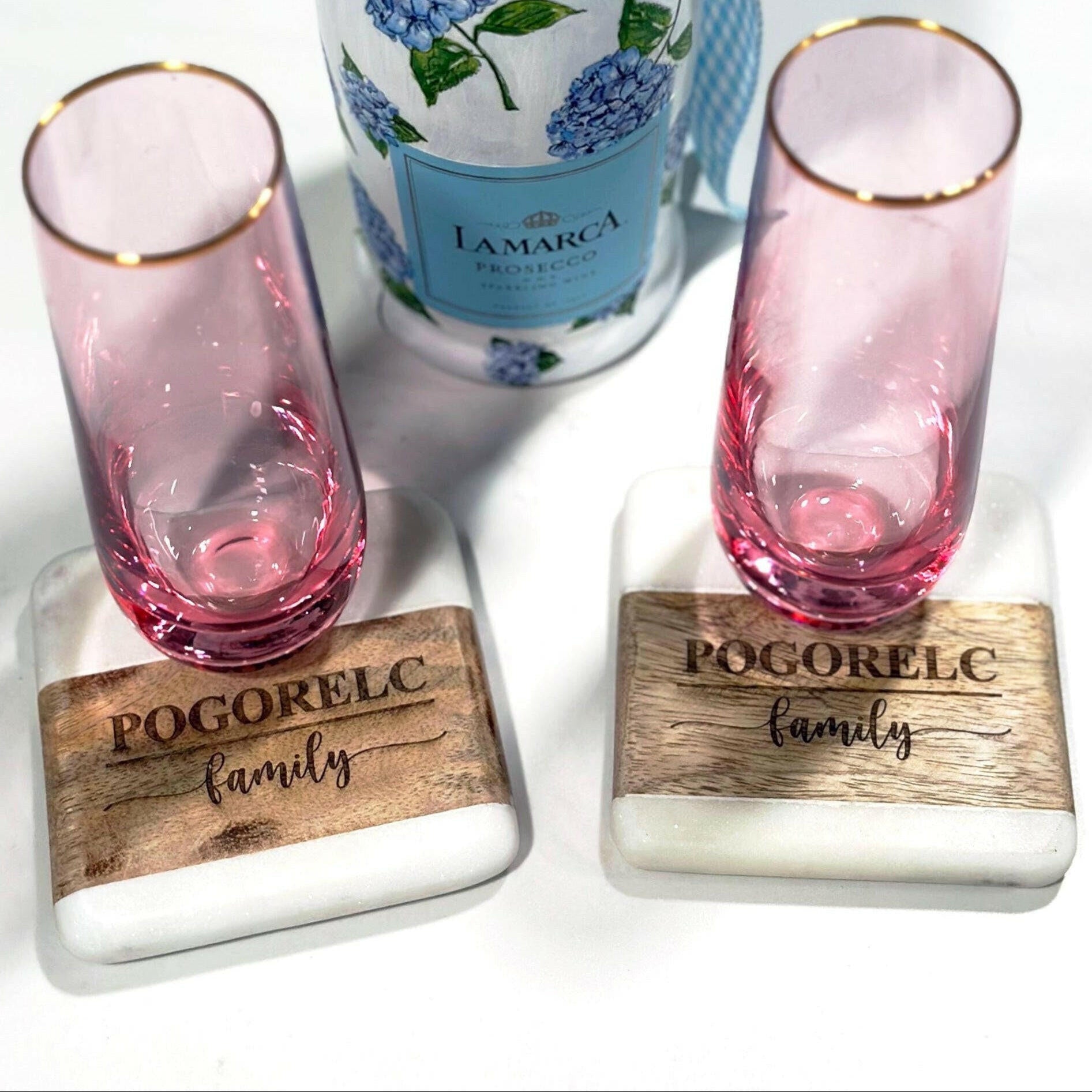 Personalized Marble Acacia Wood Coaster Set.