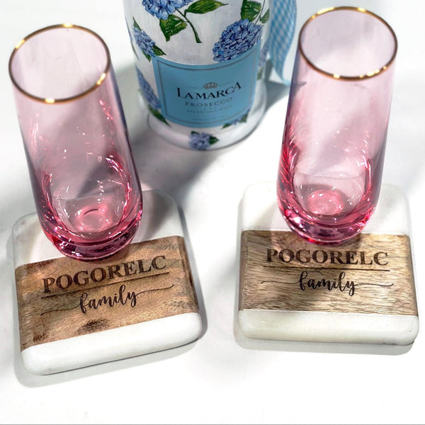 Personalized Marble Acacia Wood Coaster Set
