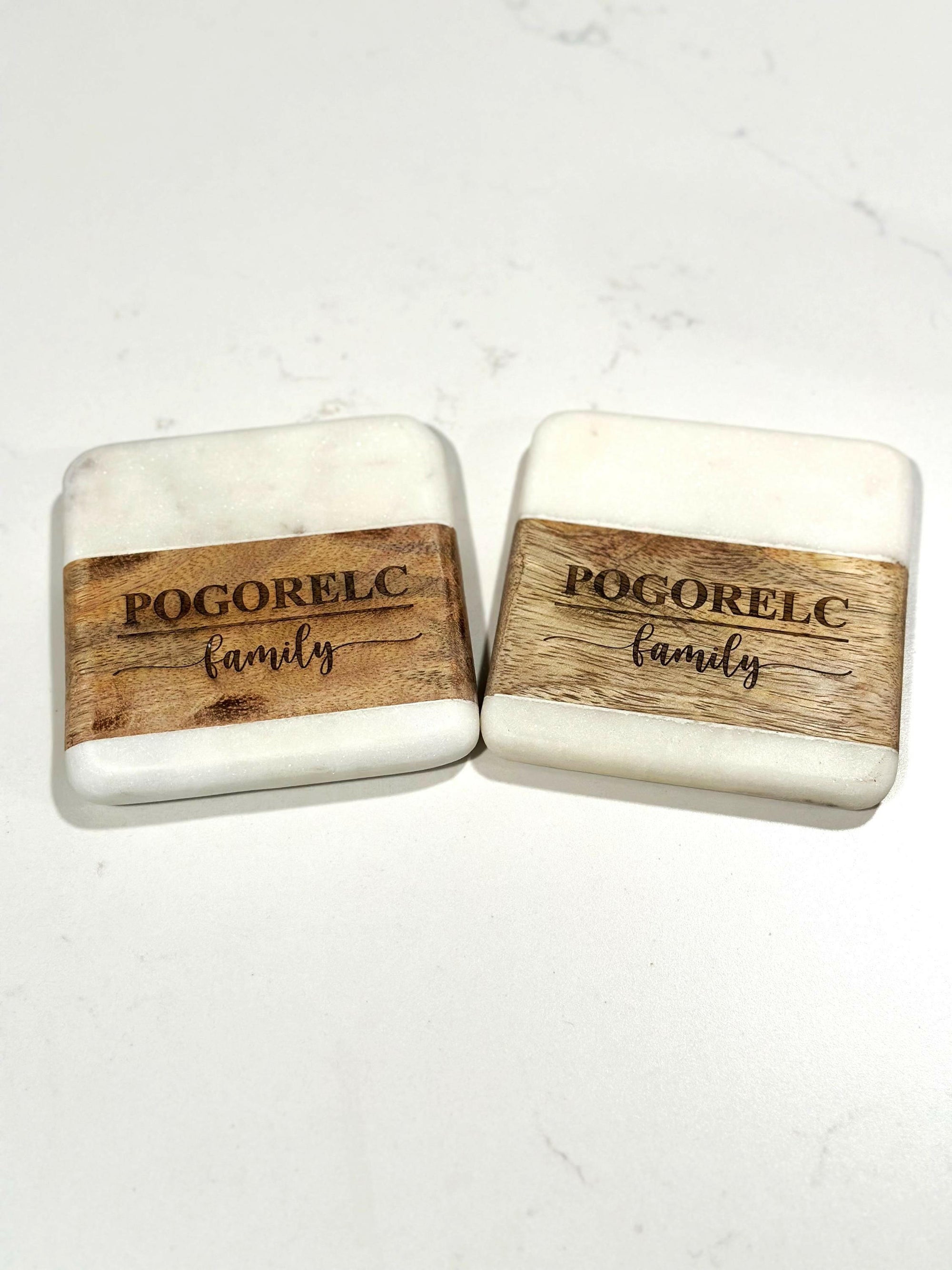 Personalized Marble Acacia Wood Coaster Set.