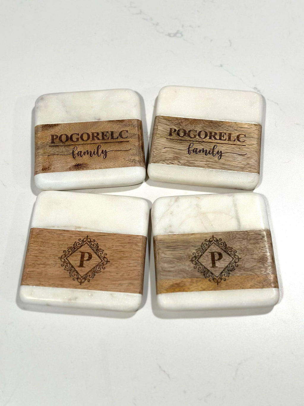 Personalized Marble Acacia Wood Coaster Set.