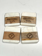 Personalized Marble Acacia Wood Coaster Set.