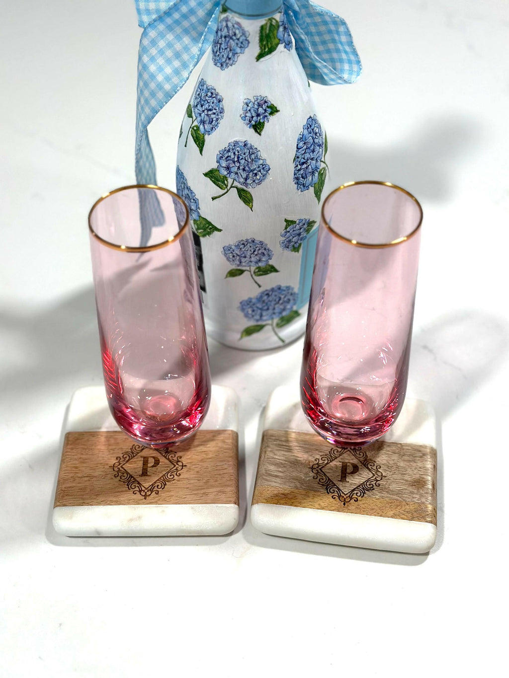 Personalized Marble Acacia Wood Coaster Set.