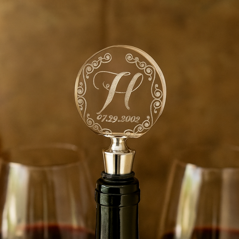 decorative stopper and two glasses filled with red wine on a wooden surface.