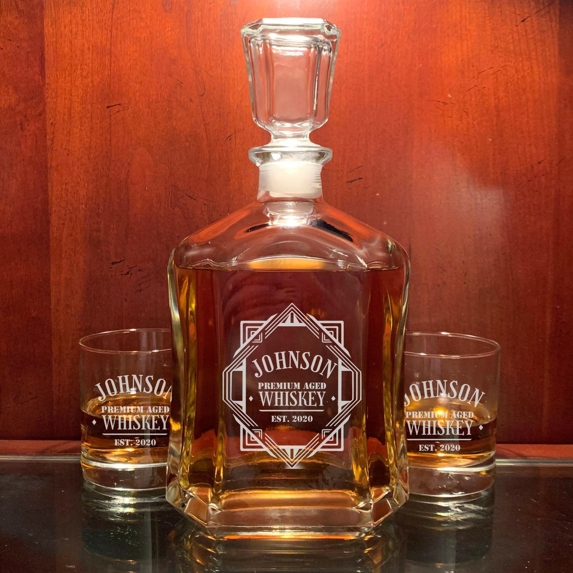 Personalized Whiskey Decanter with Whiskey Glasses.