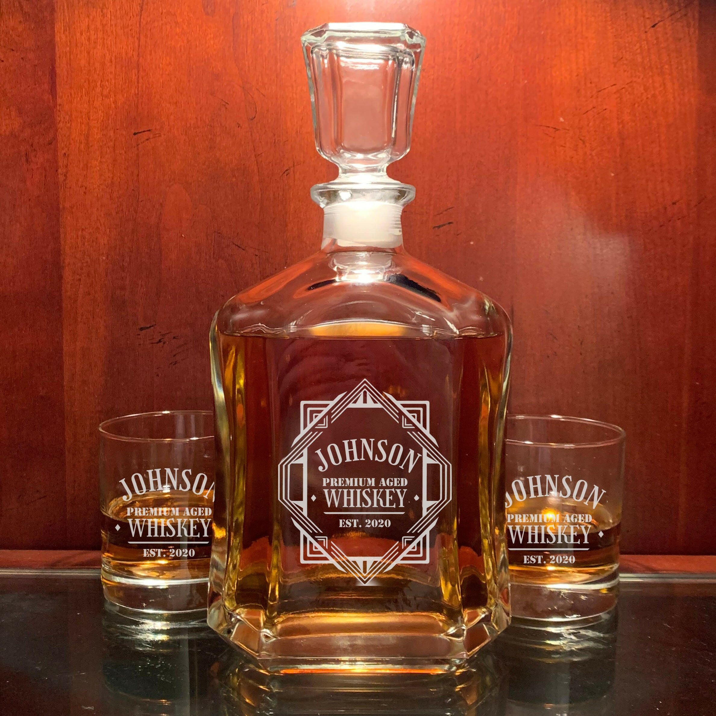 Personalized Whiskey Decanter with Whiskey Glasses.