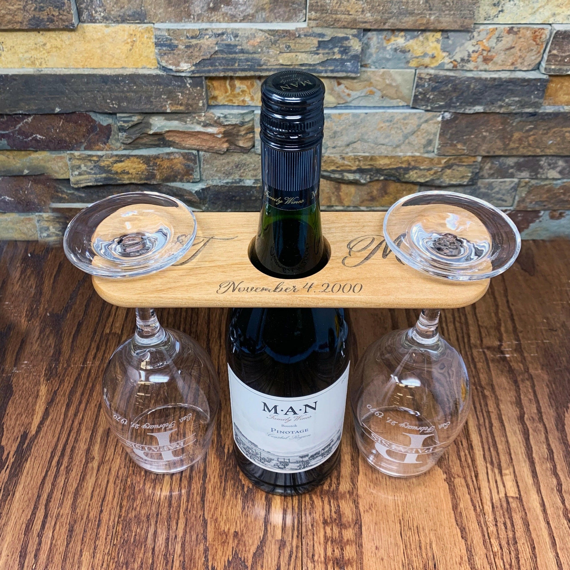 Custom Engraved Wood Wine Glass Caddy Wine Butler.
