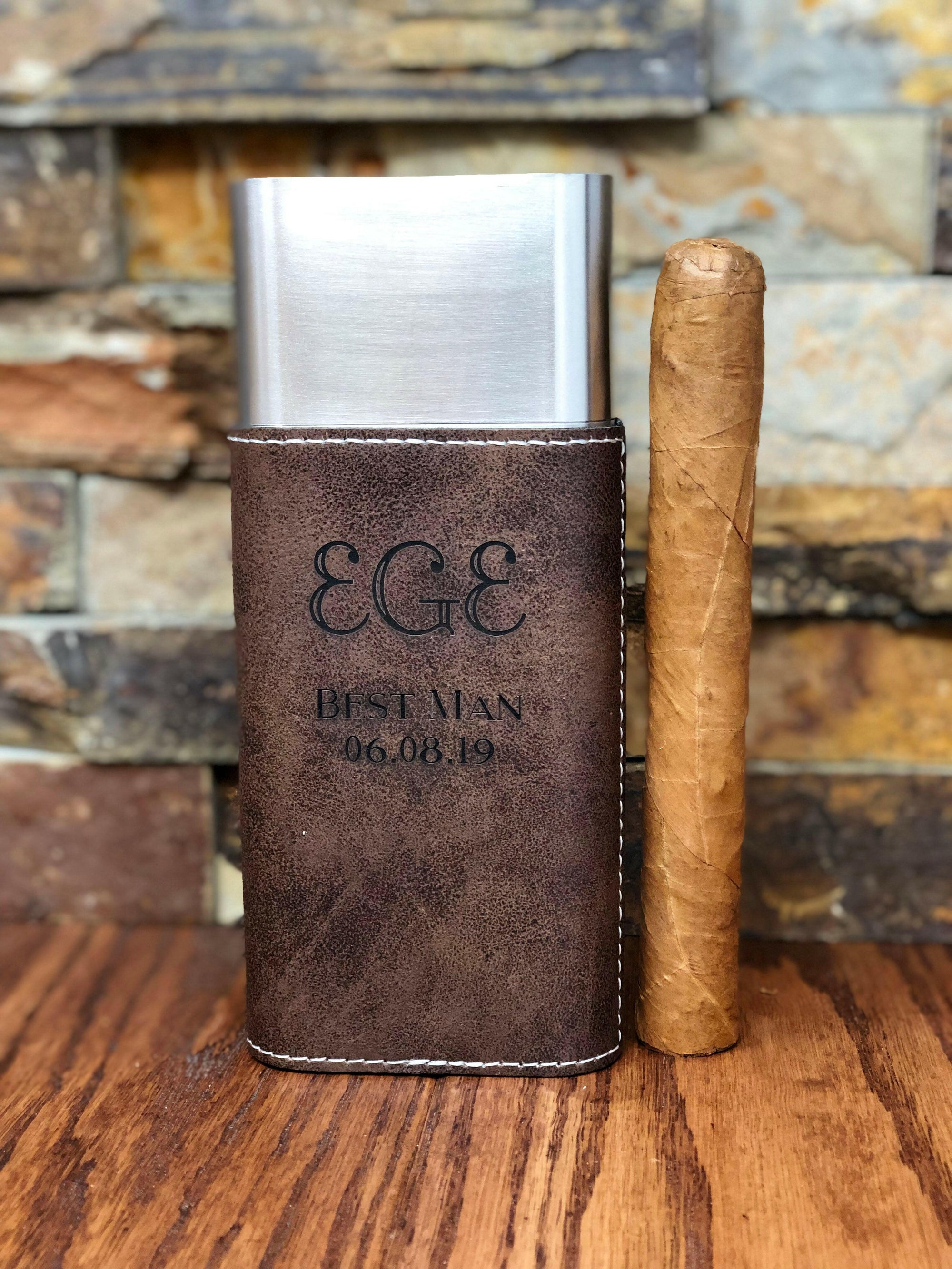 Personalized Black Stainless Steel Cigar Case with Guillotine Cutter.