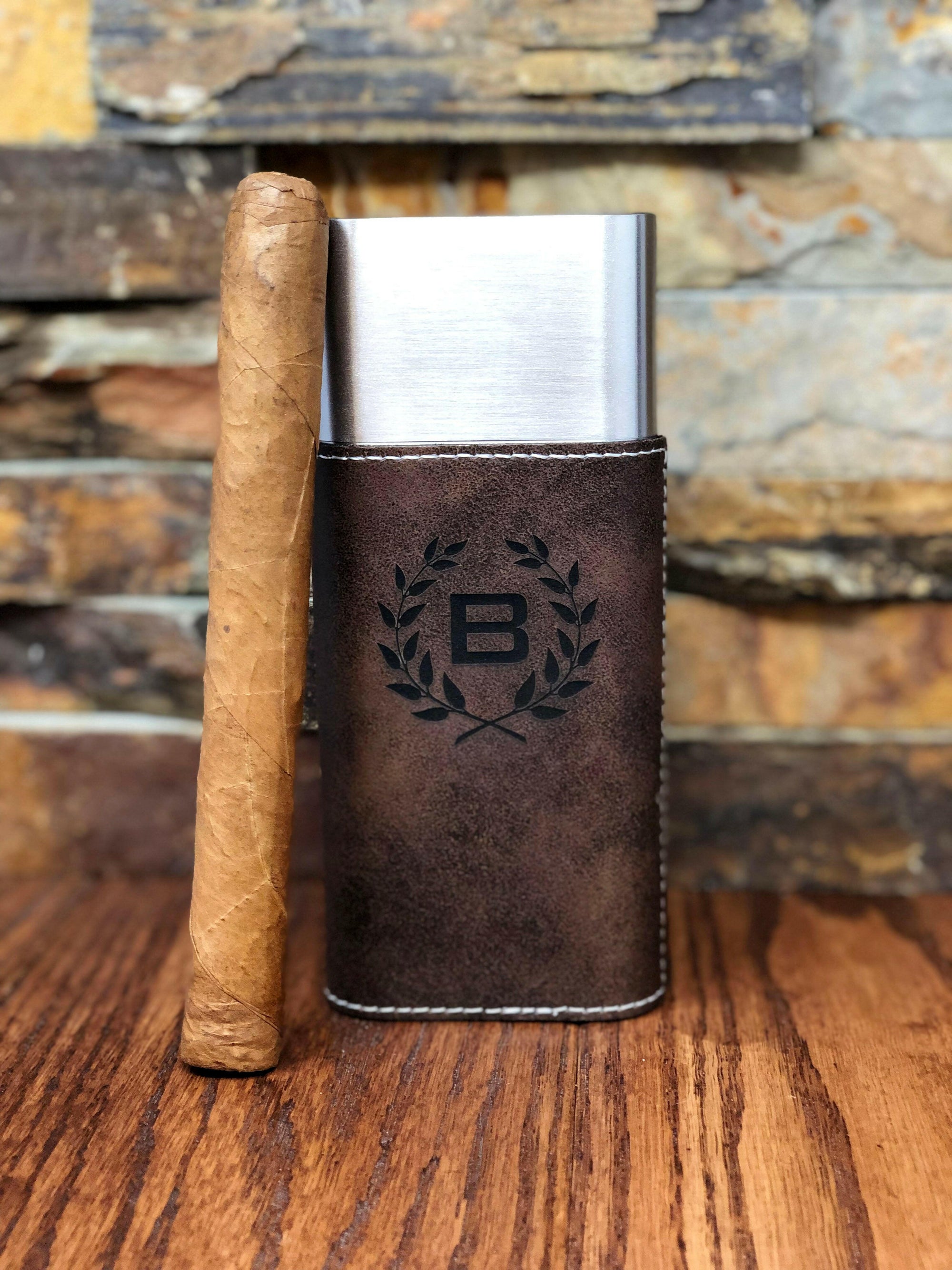 Personalized Stainless Steel Cigar Case with Guillotine Cutter.
