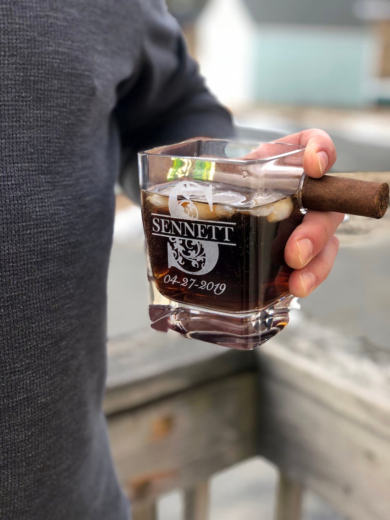 Personalized Cigar Holder Whiskey Glass