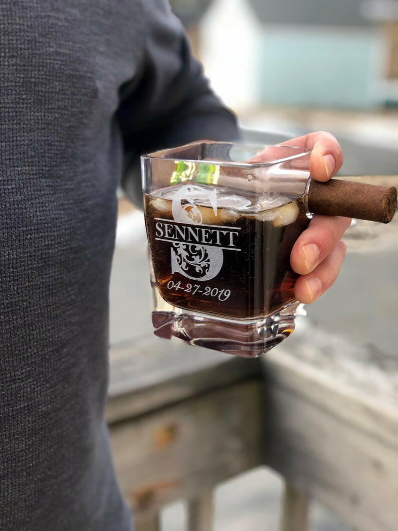 Personalized Cigar Holder Whiskey Glass.