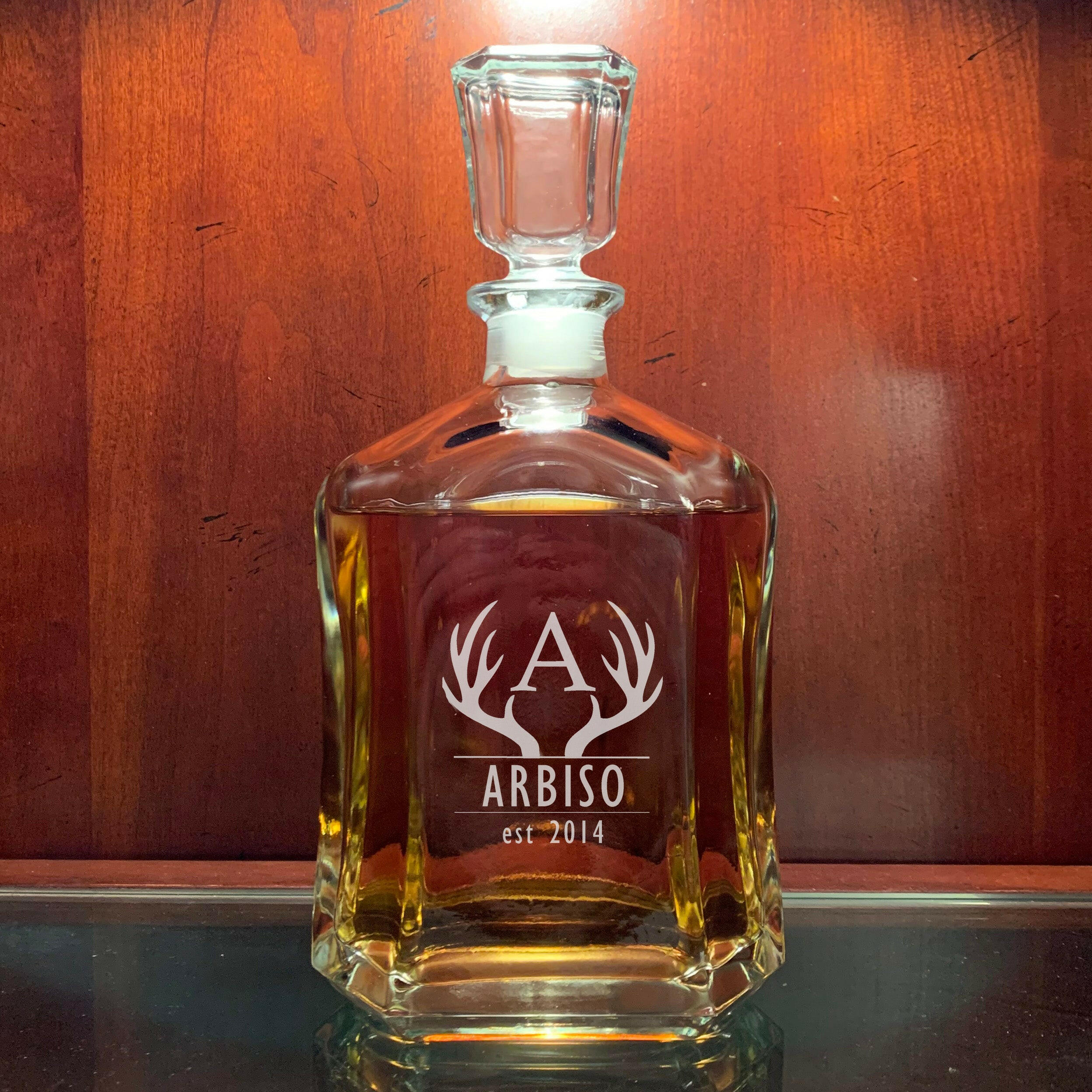 Personalized Whiskey Decanter with Whiskey Glasses.