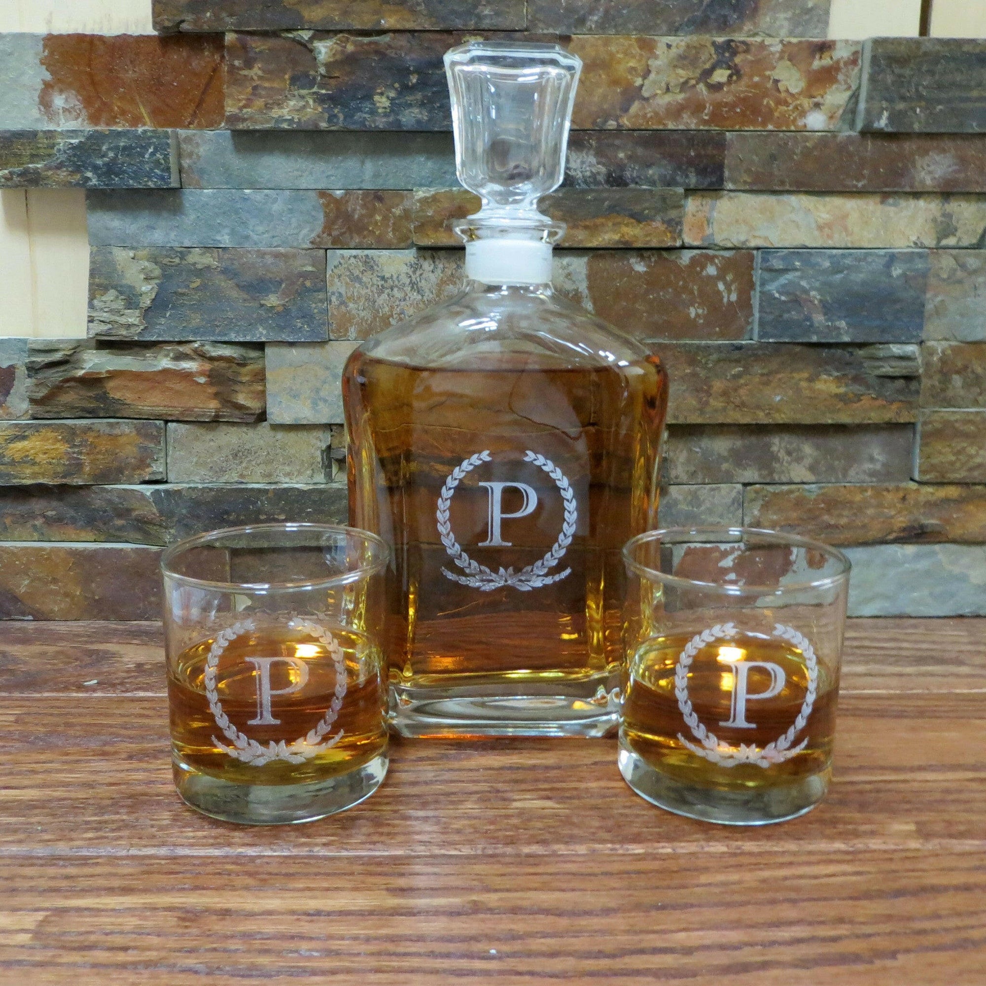 Personalized Whiskey Decanter with Whiskey Glasses.