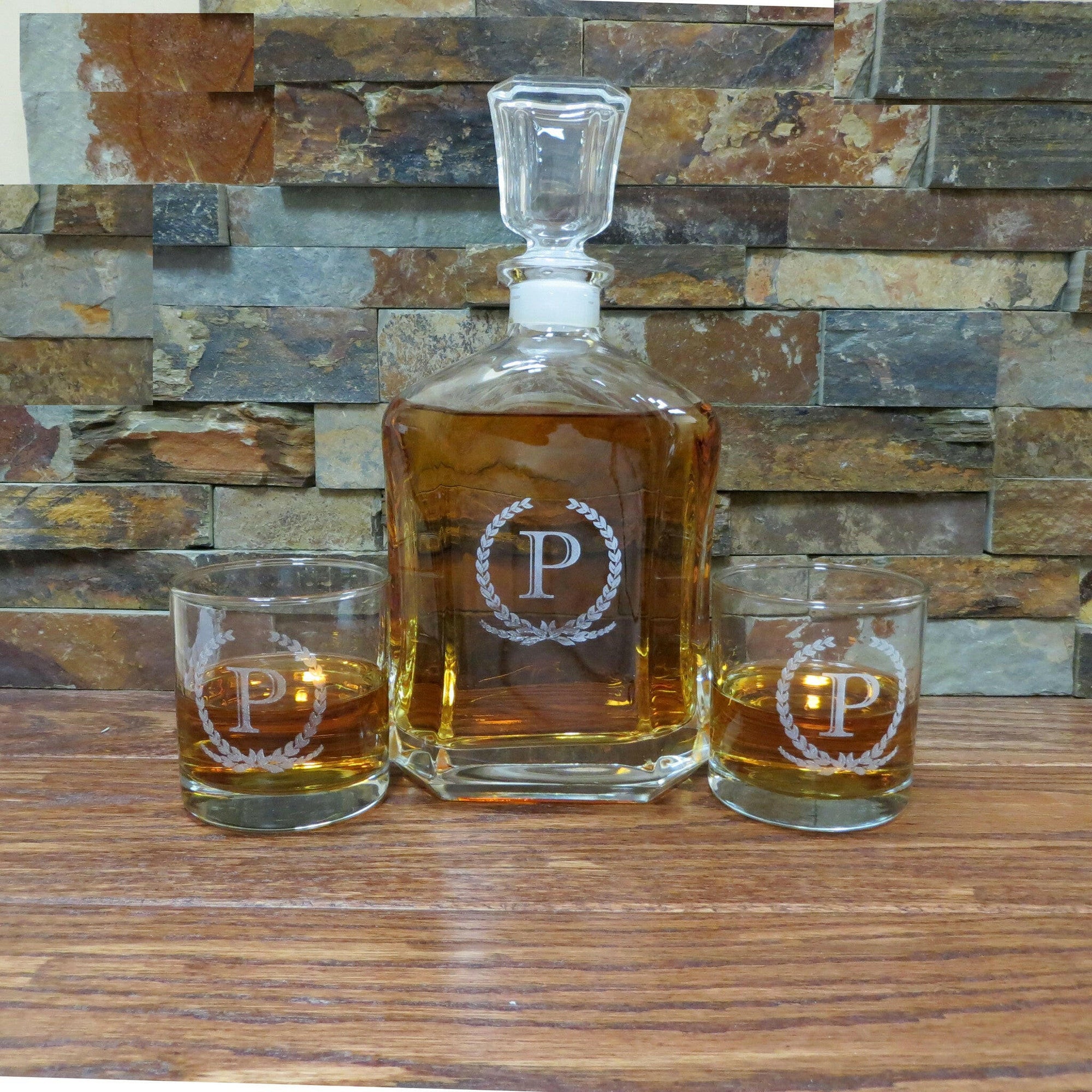 Personalized Whiskey Decanter with Whiskey Glasses.
